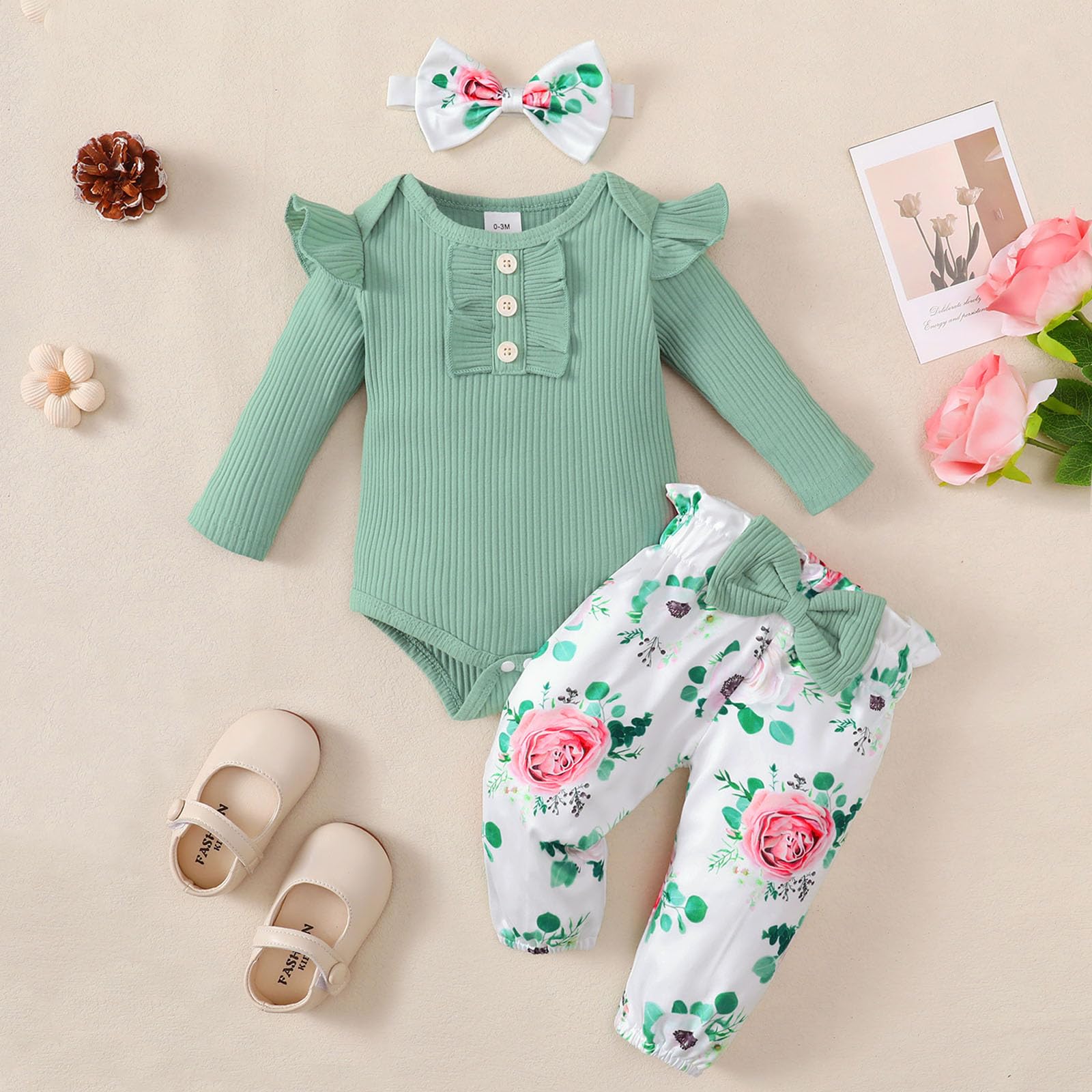 Adorable Baby Girl Outfit Set - Long Sleeve Ruffle Romper & Floral Pants for Newborn to 18 Months | Perfect for Photoshoots, Birthday Parties & Special Occasions