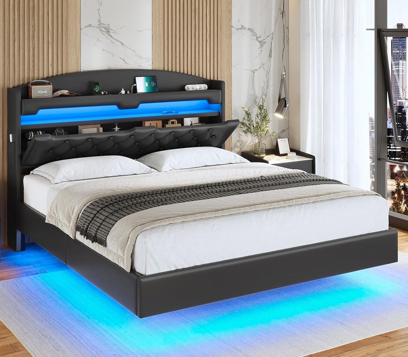 ADORNEVE Full Size Floating Bed Frame with Hidden Storage Headboard & LED Lights - Upholstered Leather Platform Bed with USB Charging Station, No Box Spring Needed (Black) - Perfect for Modern Bedrooms, Small Spaces & Luxury Home Decor