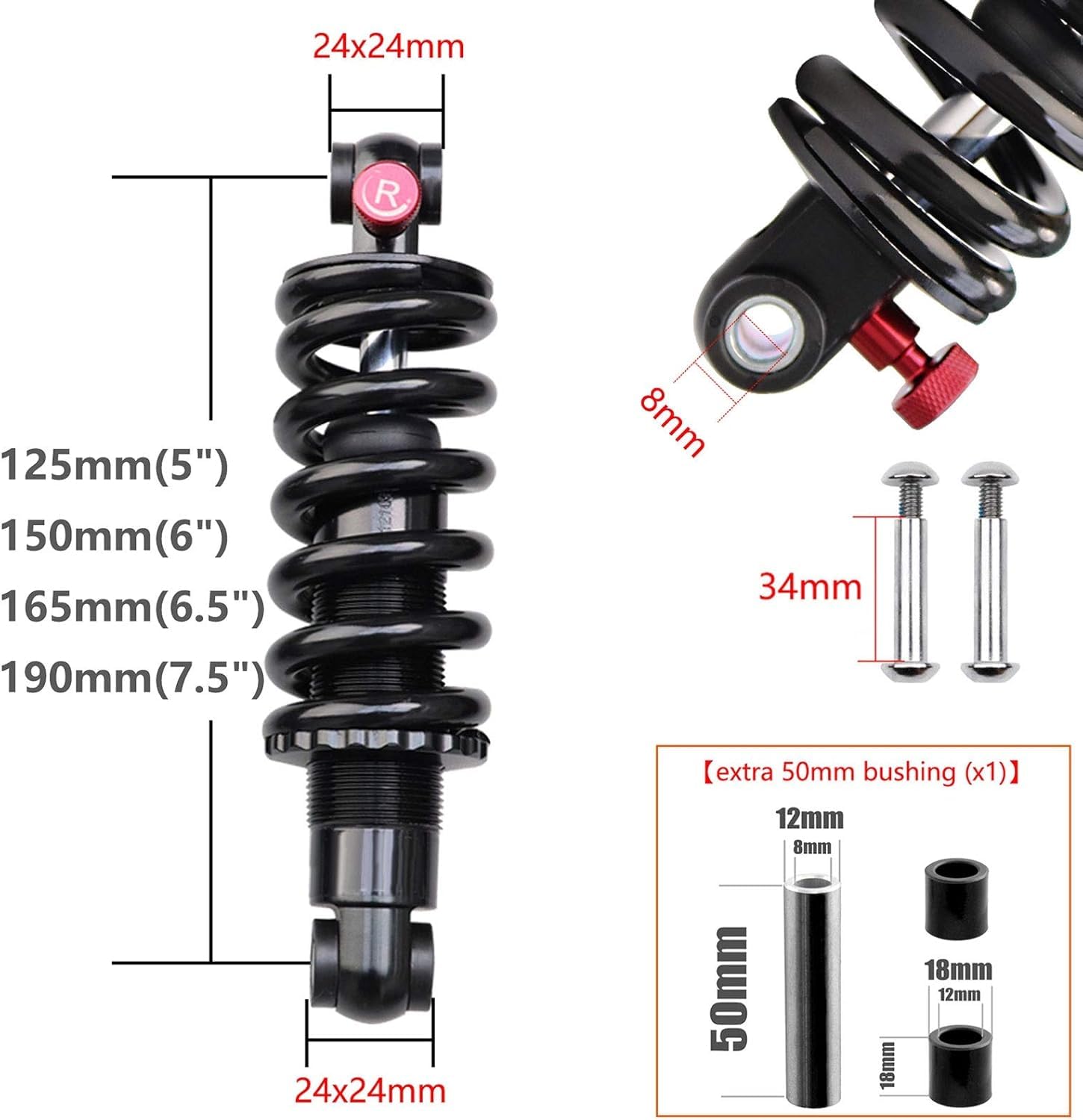 Premium Mountain Bike Rear Shock Absorber - Adjustable Coil+Oil Hydraulic Suspension (165mm, 350Lbs Capacity) for E-Bike & MTB - Perfect for Off-Road Trails, Downhill & Electric Bicycle Adventures