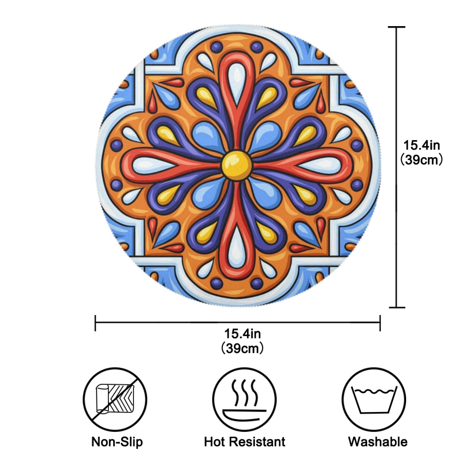 Qilmy Mexican Talavera Round Placemats Set of 4 - Durable Non-Slip Table Mats, Heat & Stain Resistant - Perfect for Kitchen Table Decor, Dining Room, Outdoor BBQ & Party Settings