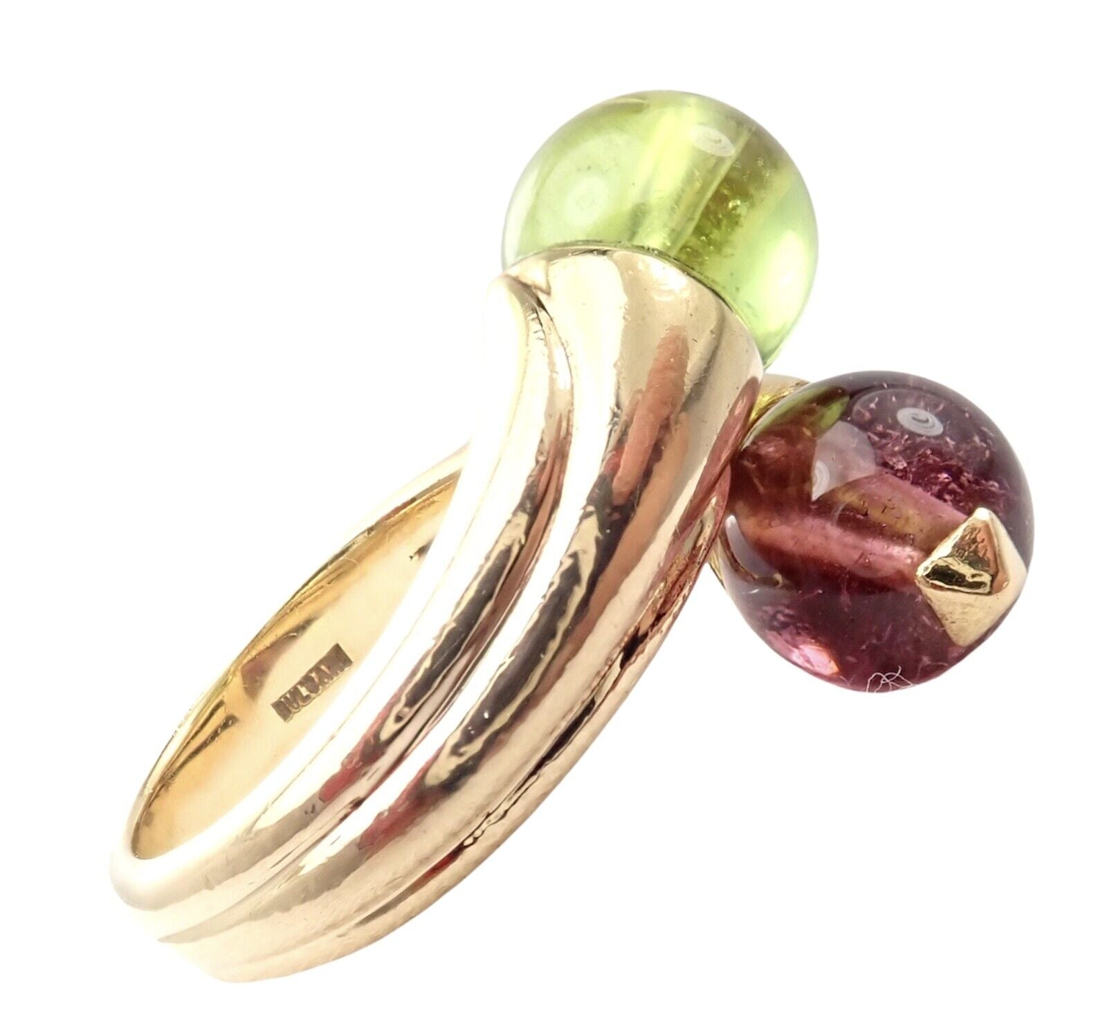 Vintage Bulgari Bvlgari 18k Yellow Gold Pink & Green Tourmaline Bypass Ring - Luxury Jewelry for Women, Elegant Gift for Anniversary & Special Occasions