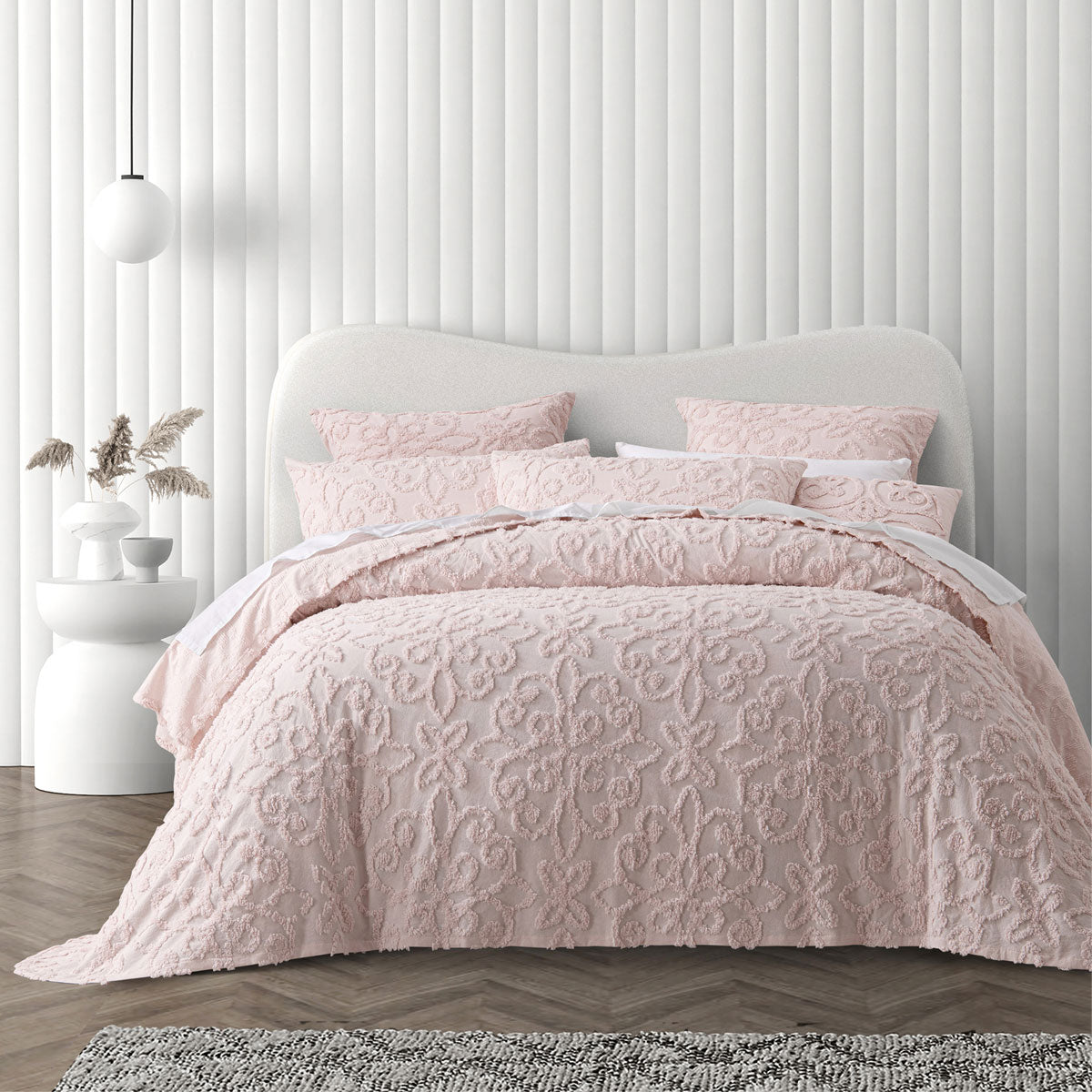Bianca Ella Blush Pink Cotton Chenille Floral Bedspread Set - Super King Size Luxury Bedding for Master Bedroom & Guest Room Decor