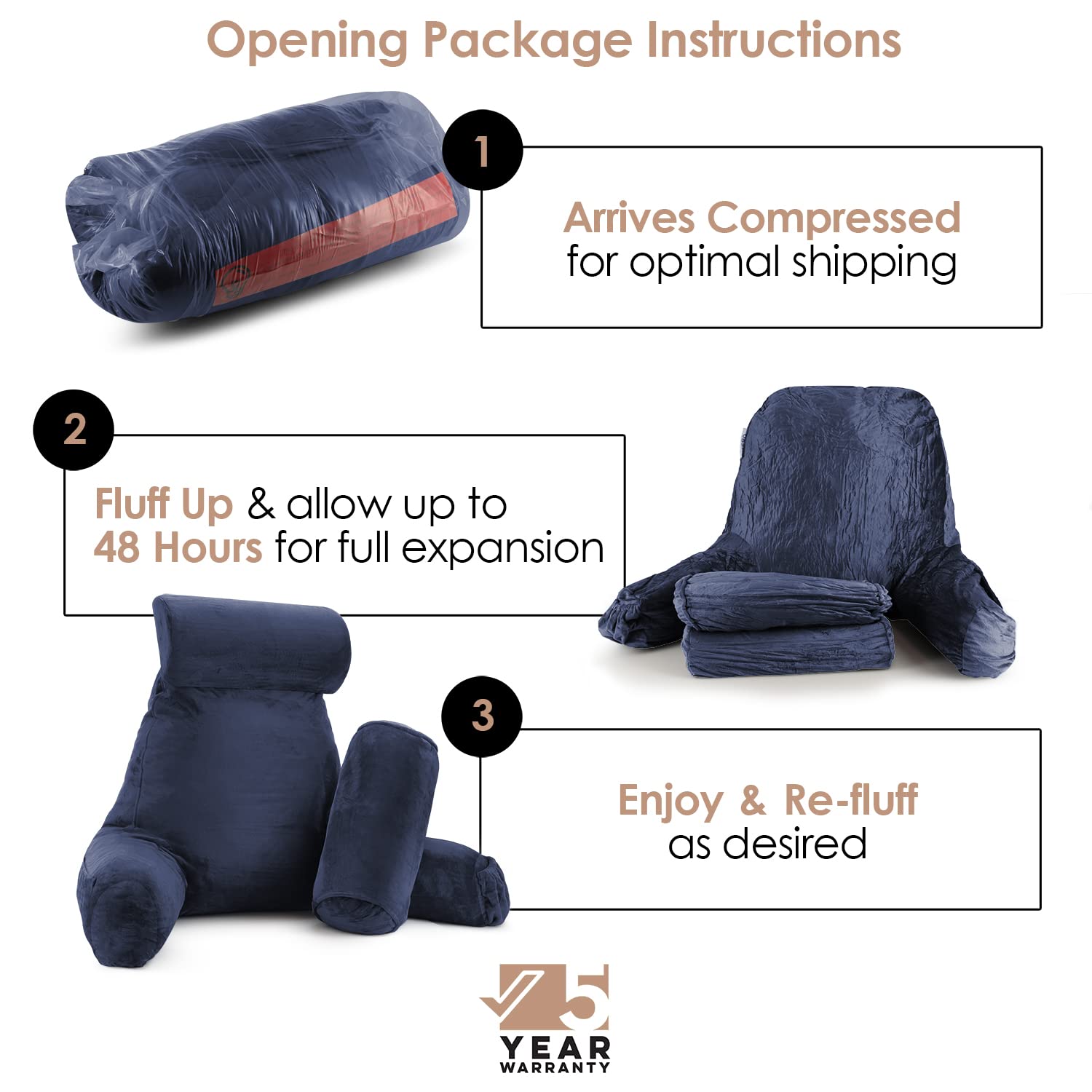 Nestl Reading Pillow Large Bed Pillow - Shredded Memory Foam Back Support Pillow for Sitting in Bed, Reading & Relaxing - Navy Blue Chair Pillow with Pockets - Perfect for Bed Rest, Arm Support & Cozy Reading Sessions