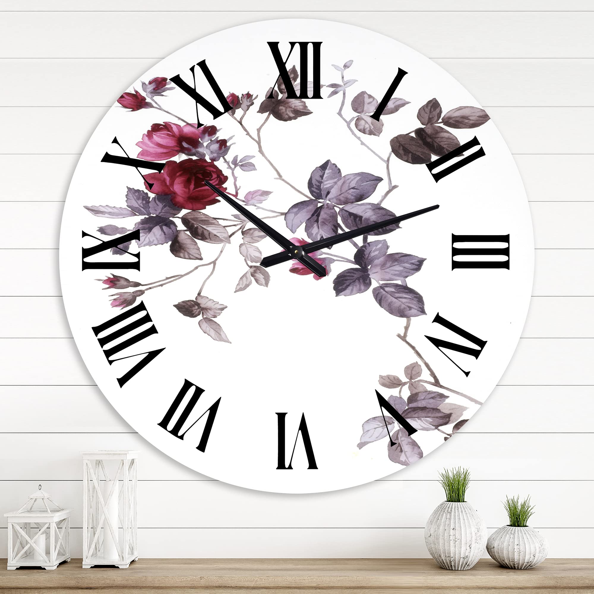 DesignQ Traditional Wall Clock 'Purple Wildflowers II' - Large Floral & Botanical Wall Clock for Home, Office, Living Room Decor - Perfect for Farmhouse, Bedroom, Kitchen, and Workspace