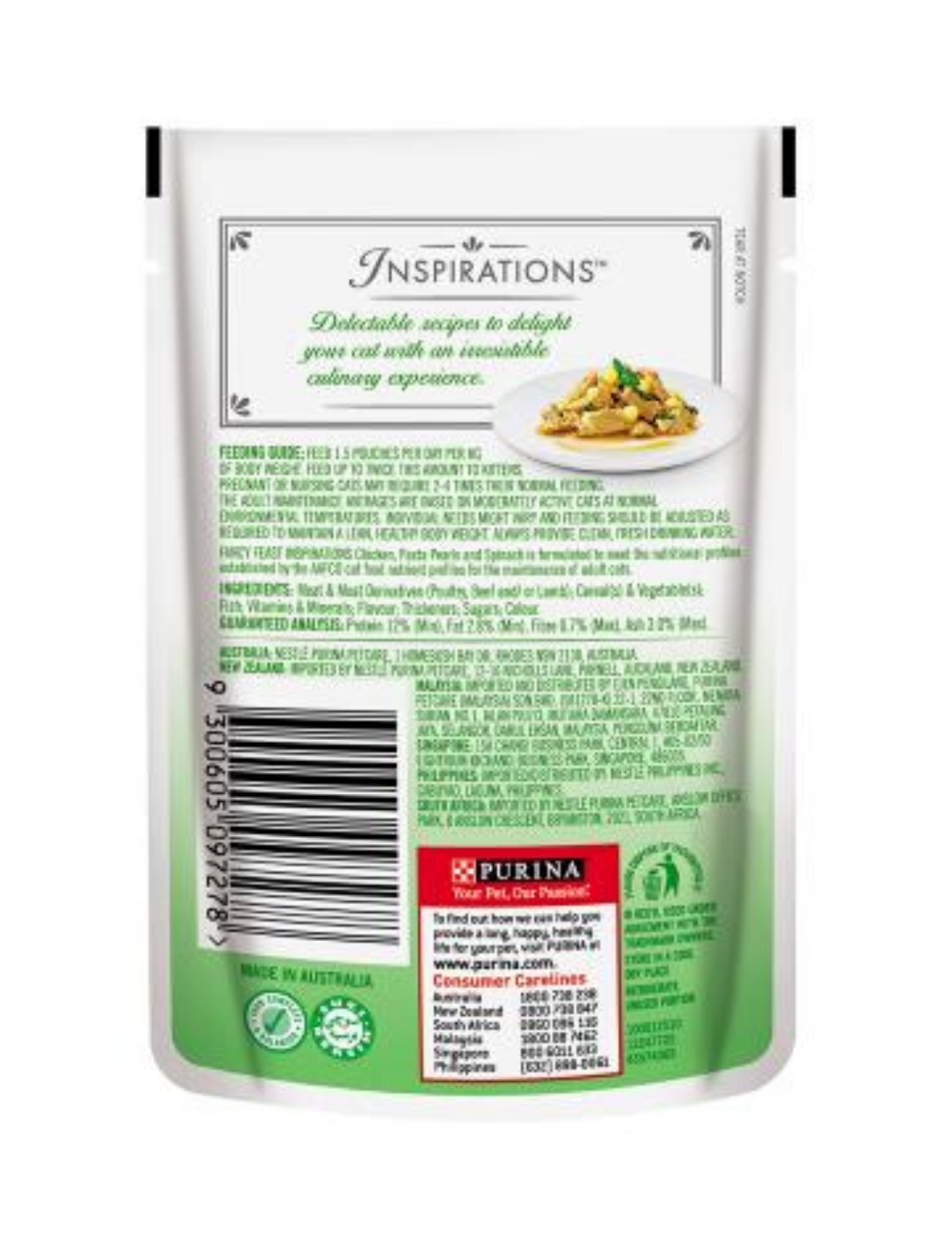 Fancy Feast Inspirations Chicken, Pasta Pearls & Spinach Pouch Cat Food 70g - Grain-Free Wet Cat Food with Real Chicken - Perfect for Adult Cats & Kittens - Ideal for Mealtime, Travel & Treats