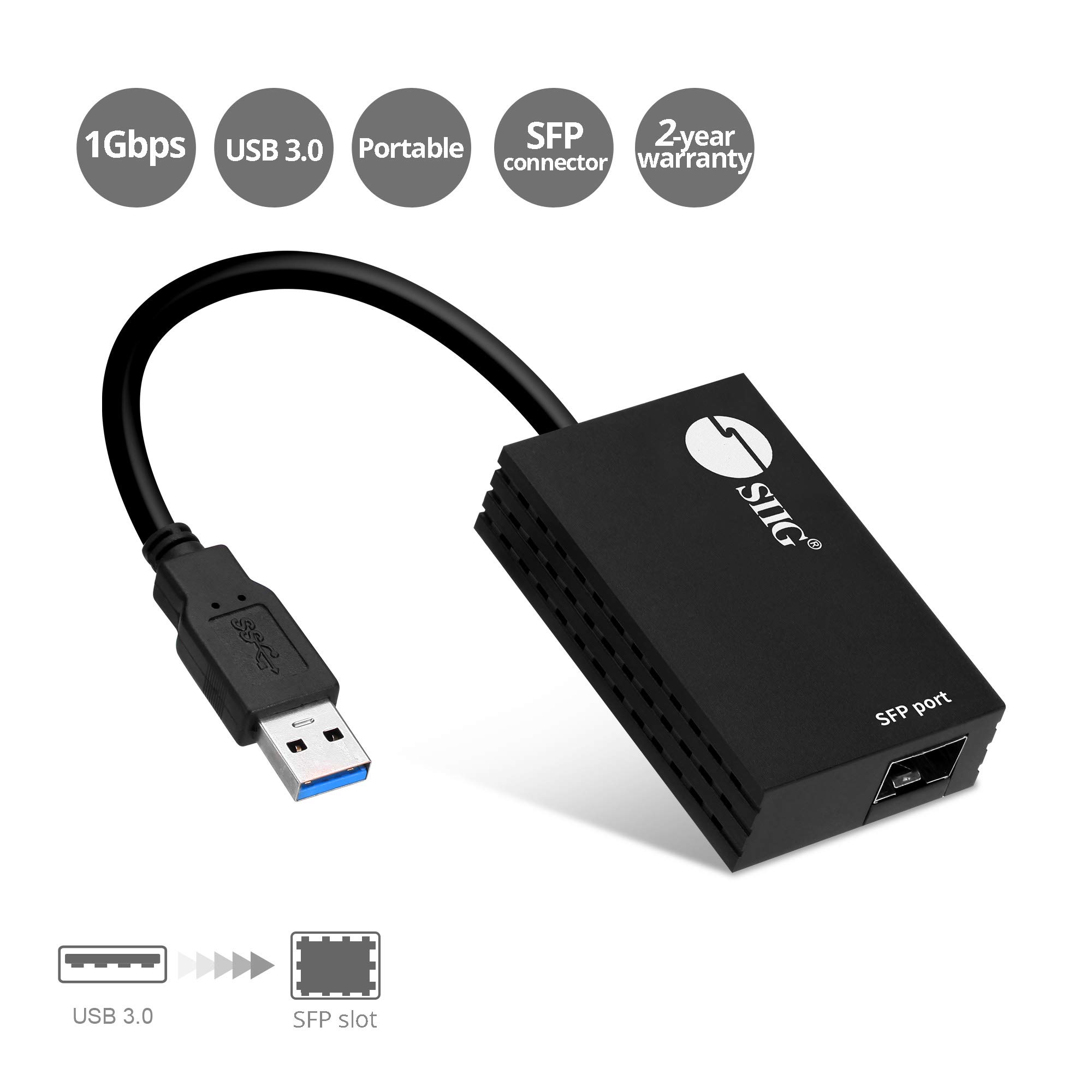 SIIG USB 3.0 to SFP Fiber Optic Gigabit Ethernet Adapter Converter - 1000/100/10 Mbps High-Speed Data Transfer - USB 3.0 Type-A to SFP Female - Realtek RTL8153 Chip (JU-NE0B11-S1) - Ideal for Home Office, Data Centers & High-Speed Networking