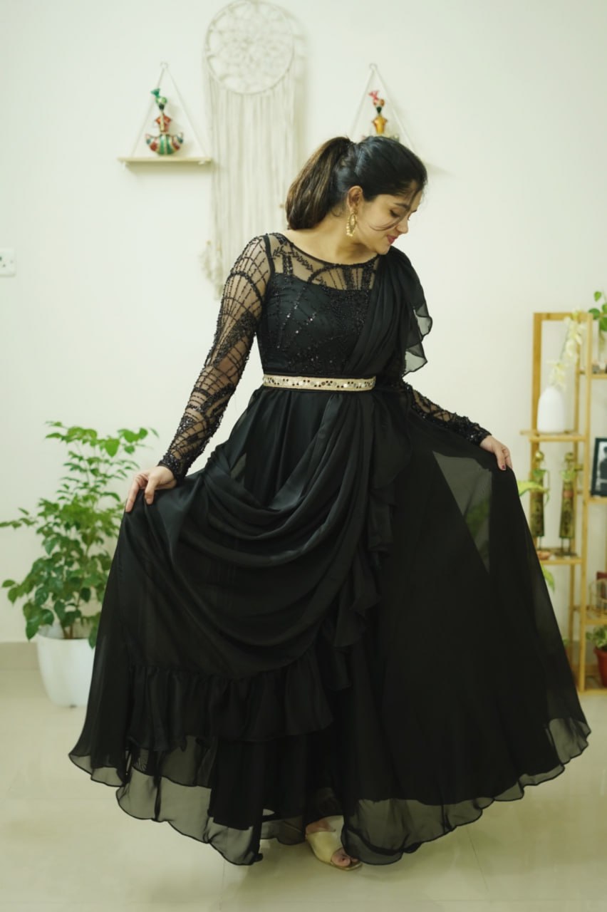 DD534 Black Rose Designer Ruffled Gown - Elegant Evening Dress for Prom, Wedding & Special Occasions