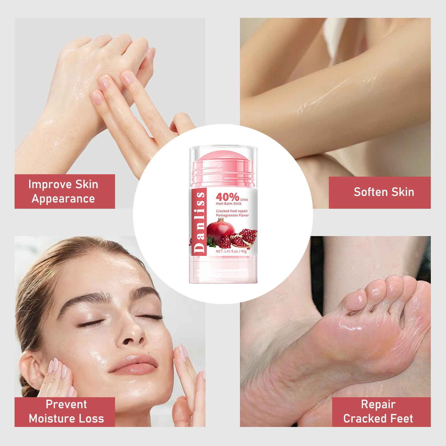 40% Urea Heel Balm Stick - Intensive Cracked Foot Repair Cream for Calluses, Dry Feet & Cracked Heels | Soothing Moisturizer & Callus Remover | 1.41 Oz Pomegranate Flavor | Perfect for Pedicures, Foot Care & Overnight Treatment