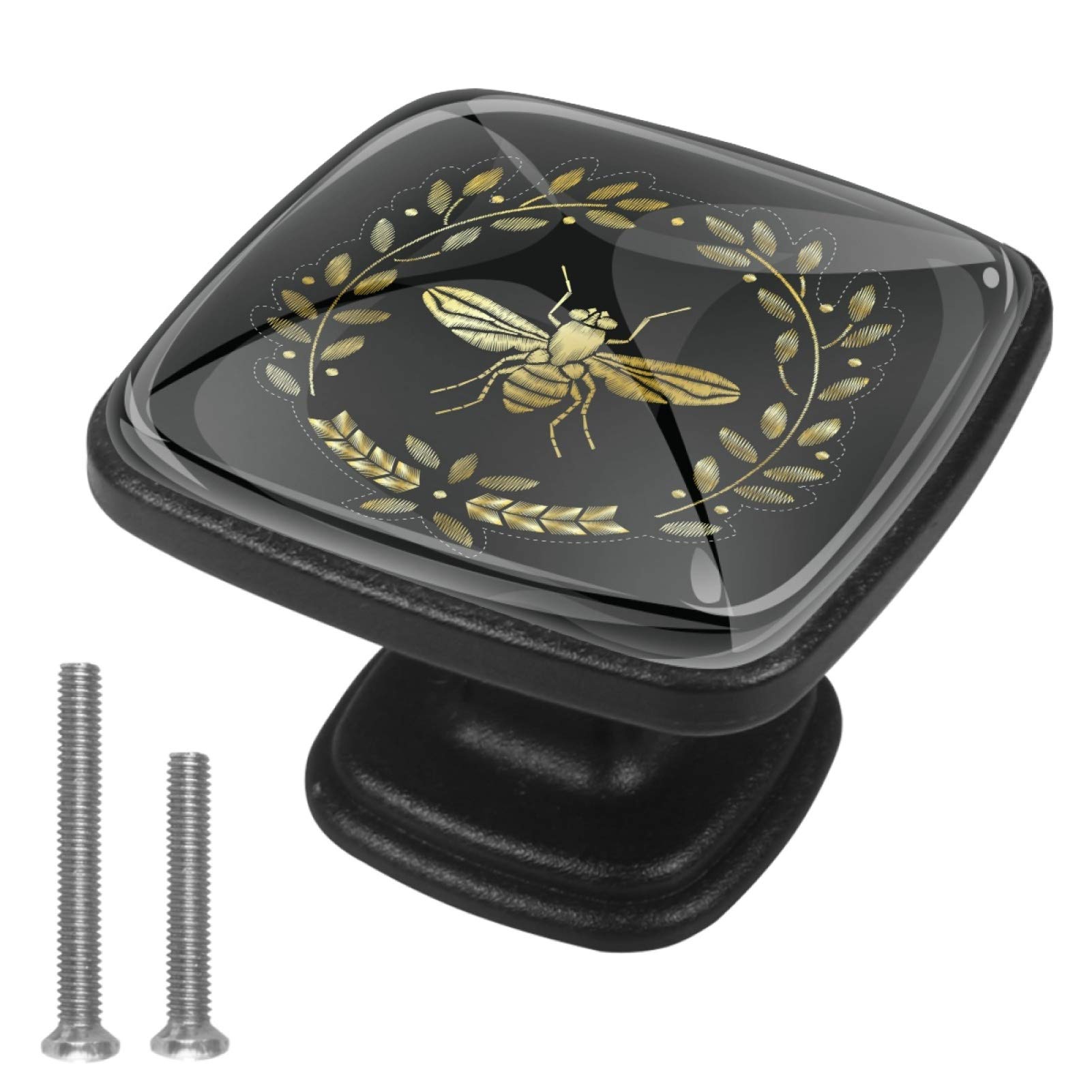 4 Pcs Golden Flying Bee Cabinet Handles - Square Drawer Pulls & Knobs with Screws for Furniture & Office Cabinets - Elegant Home & Office Decoration