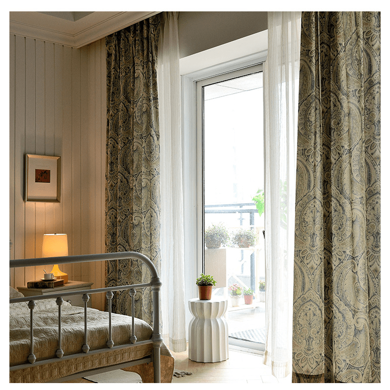 French Country Print Curtains with Intricate Design - Beige Linen Window Drapes for Living Room & Bedroom | Farmhouse Style Home Decor