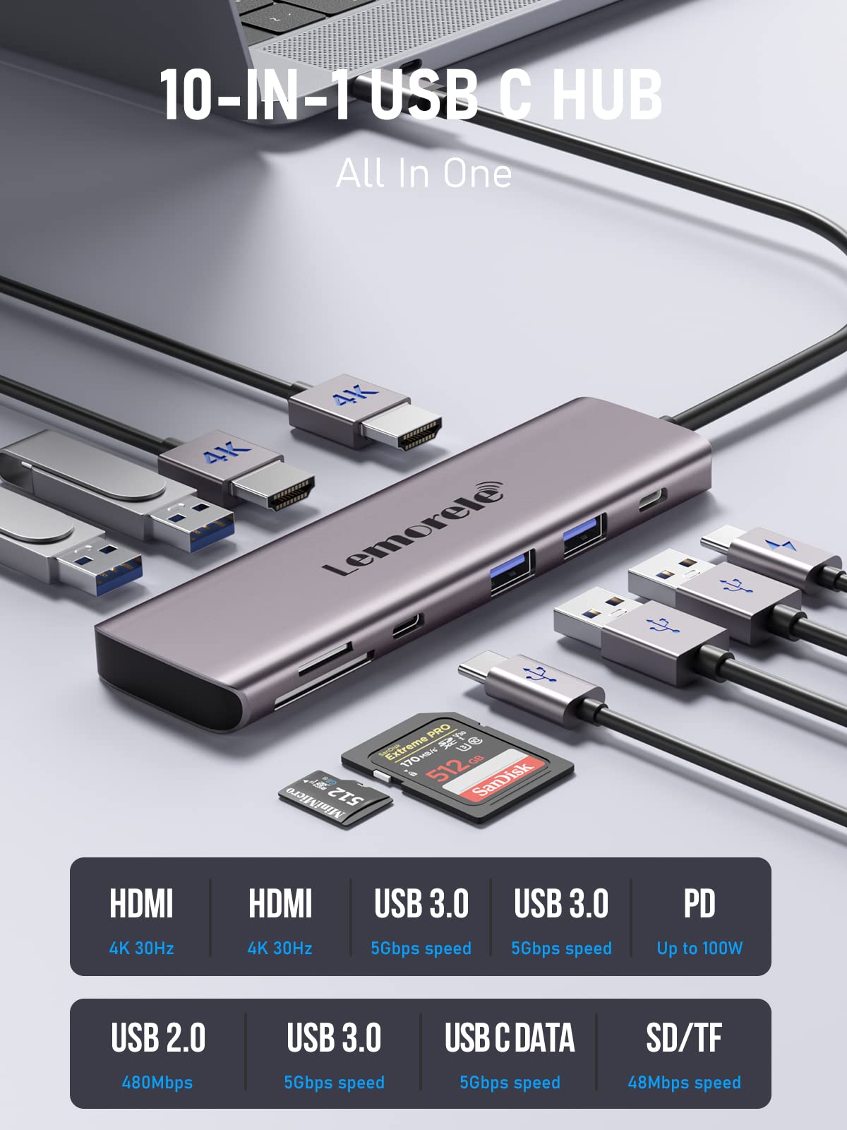 Lemorele 10-in-1 USB C Docking Station - Dual HDMI, 100W PD, USB 3.0 for Dell/Lenovo - Perfect for Office & Gaming Setup