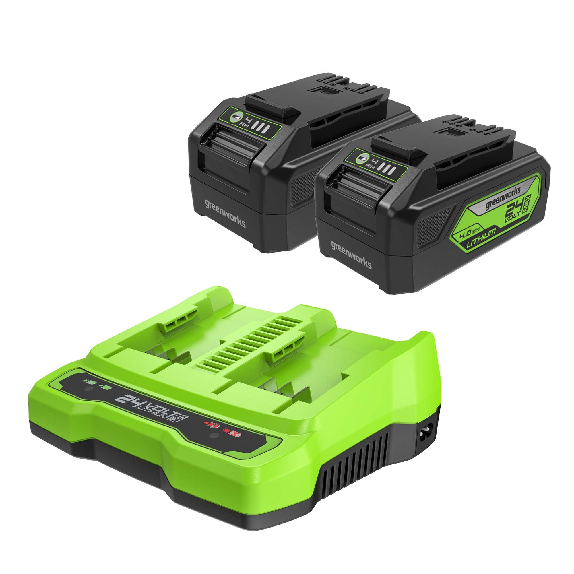 Greenworks 24V 4.0Ah Lithium Ion Battery 2-Pack with Dual Port Fast Charger - Compatible with Greenworks 24V Tools - Perfect for Lawn Mowers, String Trimmers & Power Tools
