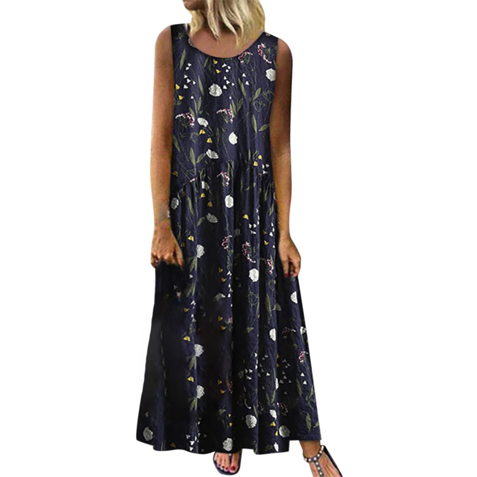Women's Christmas Maxi Dress - Floral Print Vintage Sleeveless Long Dress with O-Neck | Casual & Sexy Summer Dress for Holiday Parties, Beach Vacations & Festive Occasions
