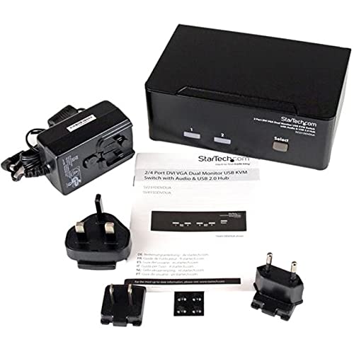StarTech.com 2 Port KVM Switch with DVI & VGA, Audio & USB 2.0 Hub - Dual Monitor Display for Home Office & IT Workstations (SV231DDVDUA) - Perfect for Multi-Computer Setup & Server Management