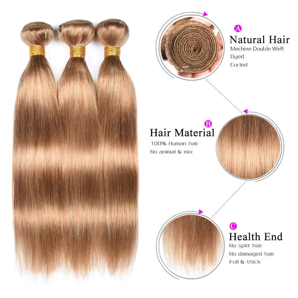 WOME 100% Unprocessed Virgin Peruvian Straight Hair Extensions - 3 Bundles Soft & Shiny Human Hair Wefts (12/14/16 Inch, Honey Blonde 27#) for Daily Styling & Special Occasions