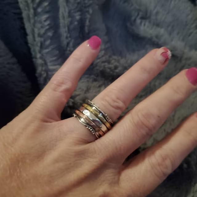 925 Sterling Silver Spinner Ring for Women - Handmade Three-Tone Worry Ring, Fidget Ring & Meditation Jewelry | US Size 9 Yoga Spinner Ring, Thumb Ring & Promise Ring | Perfect Gift for Her, Stress Relief & Anxiety Relief Jewelry