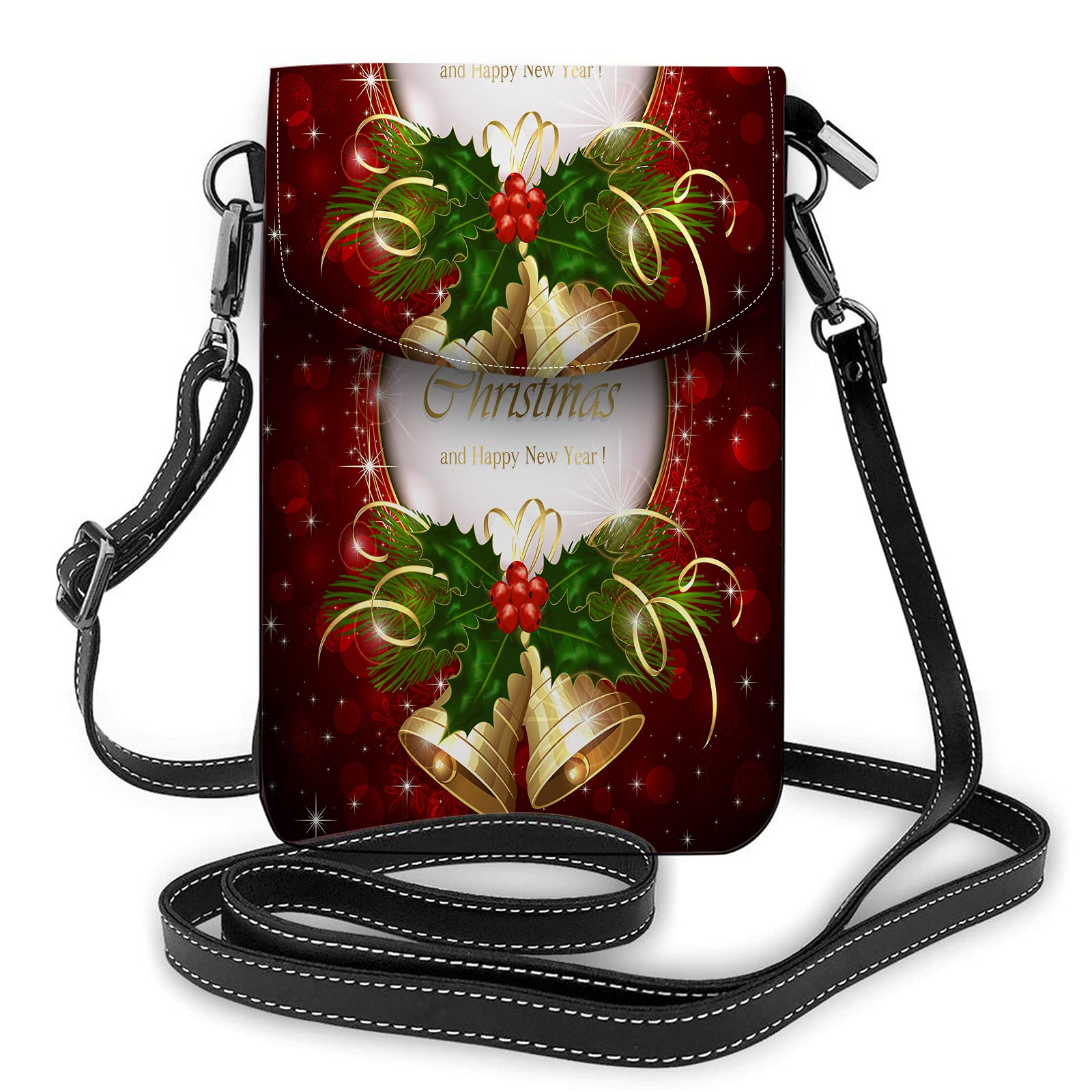 Festive Christmas Bells & Holly Berries Crossbody Phone Purse - Women's Small Wallet Handbag (7.6X4.9 Inch) in Green, Red, Gold & Black - Perfect for Holiday Parties, Gift Giving & Everyday Use