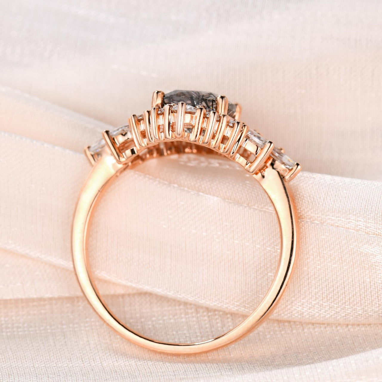 Exquisite Cluster Moissanite Halo Cushion Ring with Black Rutilated Quartz & Tourmaline | Vintage Cocktail Jewelry for Women | Perfect for Evening Parties, Weddings & Special Occasions