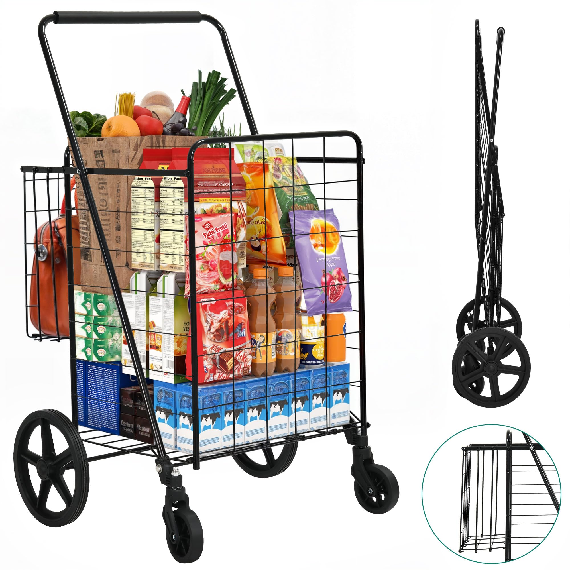 YITAHOME Extra Large Folding Shopping Cart with Wheels - Heavy Duty Rolling Grocery Cart with Double Basket, Portable Collapsible Utility Cart for Supermarket, Laundry & Storage - Ideal for Grocery Shopping, Apartment Living & Home Organization