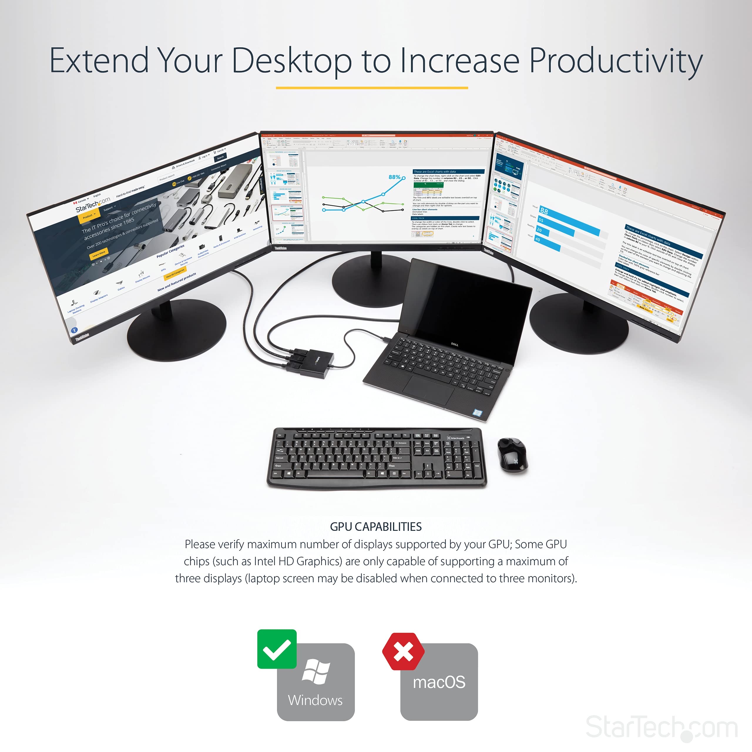 StarTech.com 3-Port Multi Monitor Adapter - DisplayPort 1.2 to 3X HDMI MST Hub - Triple 1080p HDMI Monitors - Extended or Cloned Display Mode - Windows PCs Only - DP to 3X HDMI Splitter (MSTDP123HD) - Perfect for Office Workstations, Gaming Setups & Financial Trading Desks