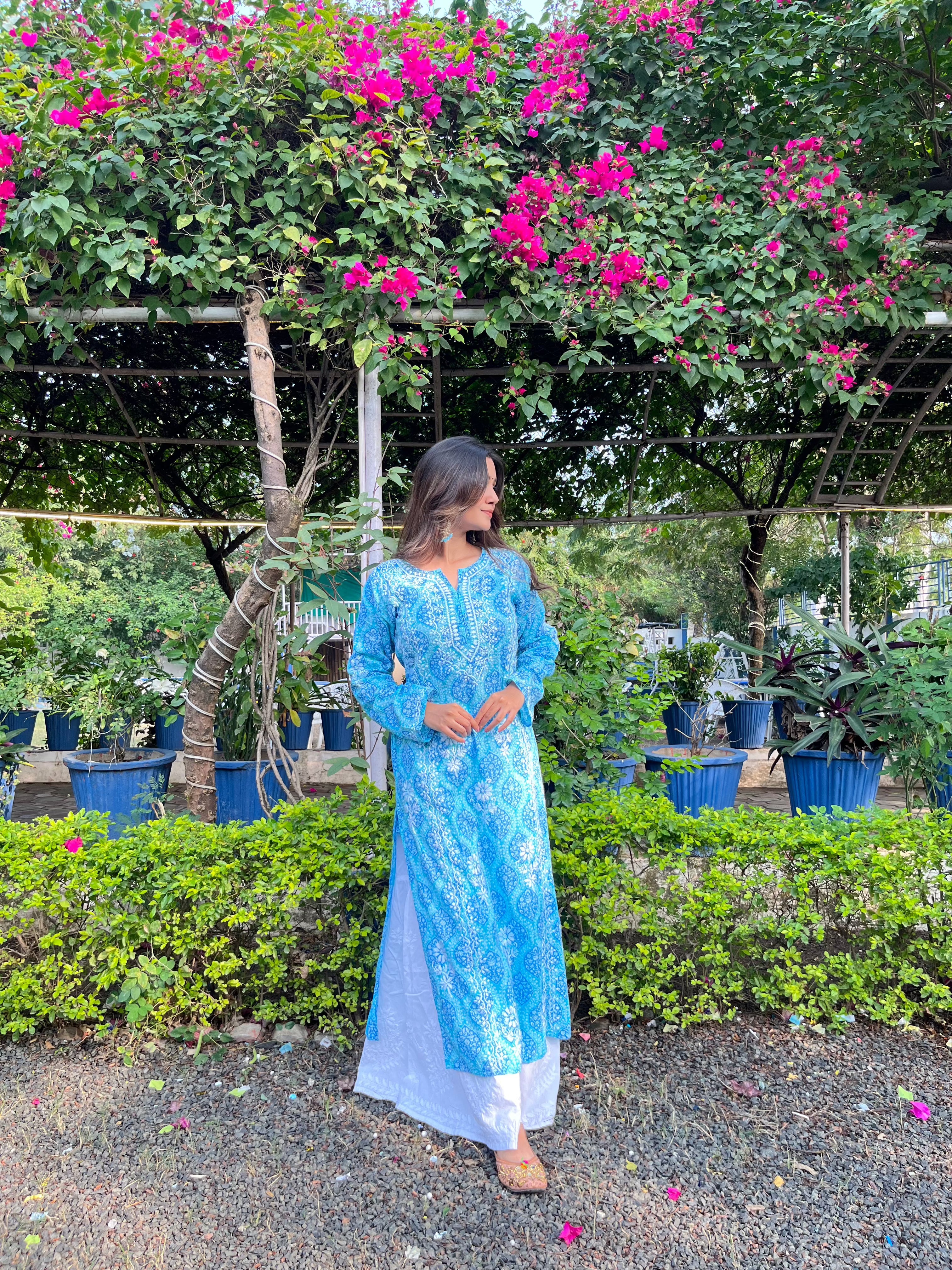 Shreya Fizaa Chikankari Kurta - Blue Printed Mul Cotton Indian Ethnic Wear for Women | Perfect for Festivals, Weddings & Casual Outings