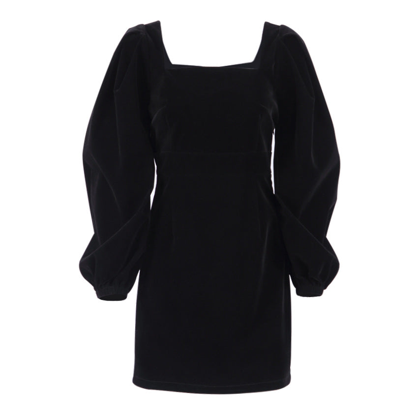 Black Velvet Short Dress with Square Neck & Puff Sleeves | Vintage 1910s Style Hip Skirt | Perfect for Cocktail Parties, Date Nights & Holiday Events