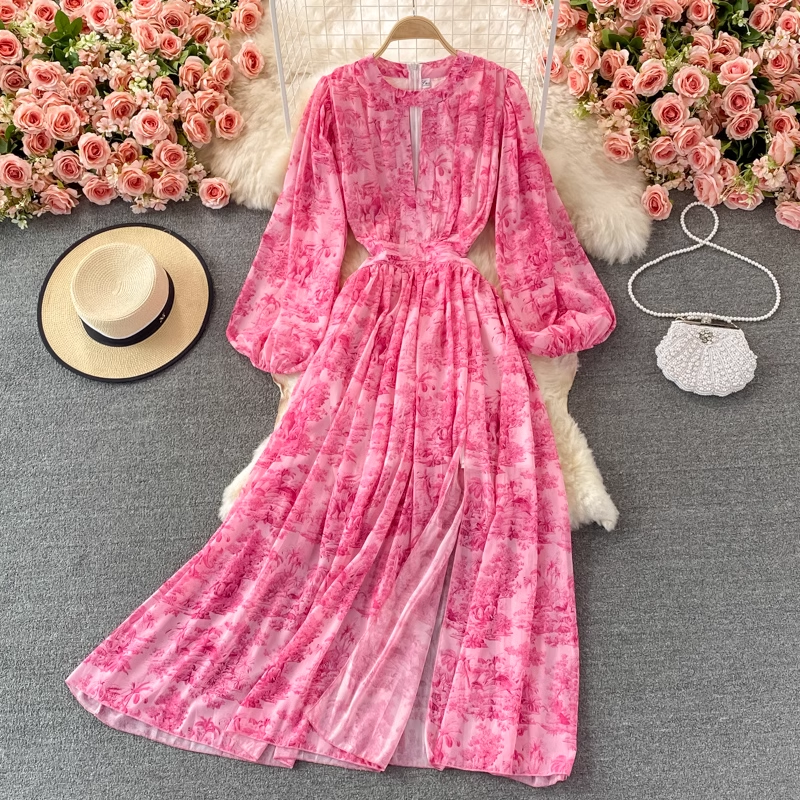 Vintage French Printed Chiffon Long Dress with Round Neck & Side Slit - Elegant Flowy Maxi Dress for Women | Perfect for Weddings, Parties & Special Occasions