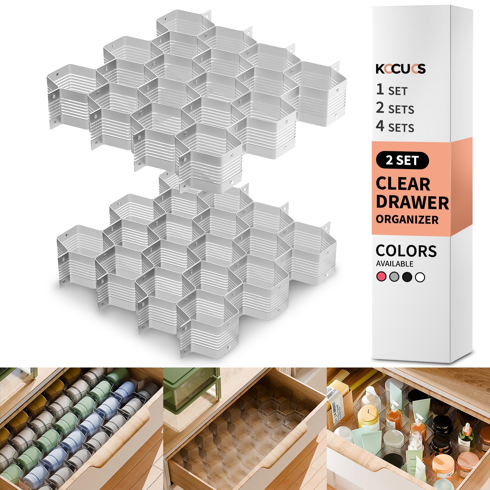 Adjustable Honeycomb Drawer Organizer - Underwear, Belt, Scarf & Sock Storage Divider (2-Pack, Gray) | Perfect for Closet, Dresser & Travel Luggage Organization