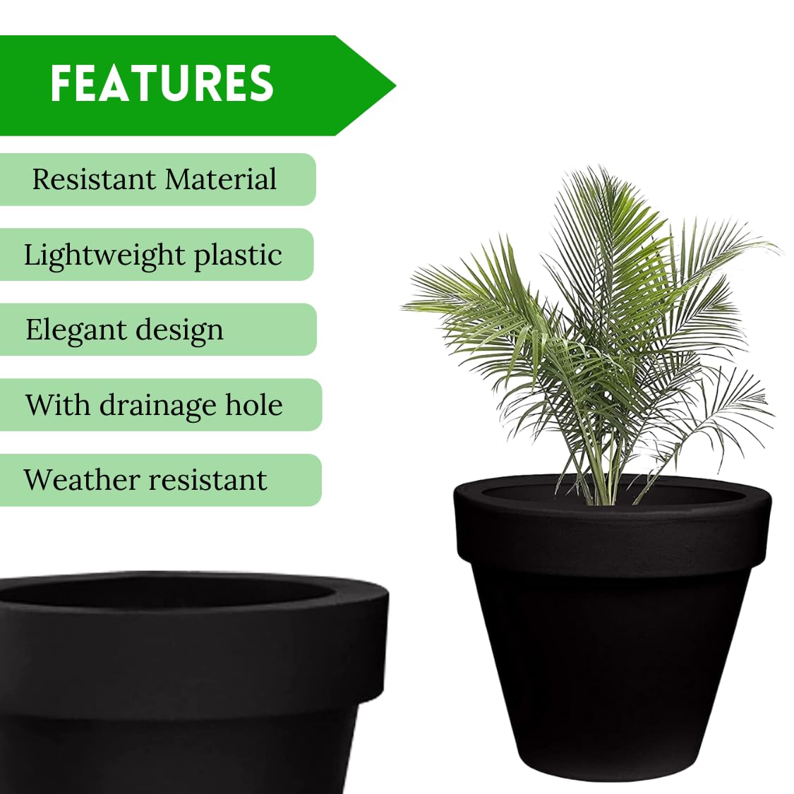Elly Décor 12-inch Black Plastic Flower Pot with Drainage Hole - Lightweight & Durable Garden Planter for Indoor/Outdoor Plants - Classic Traditional Design (12