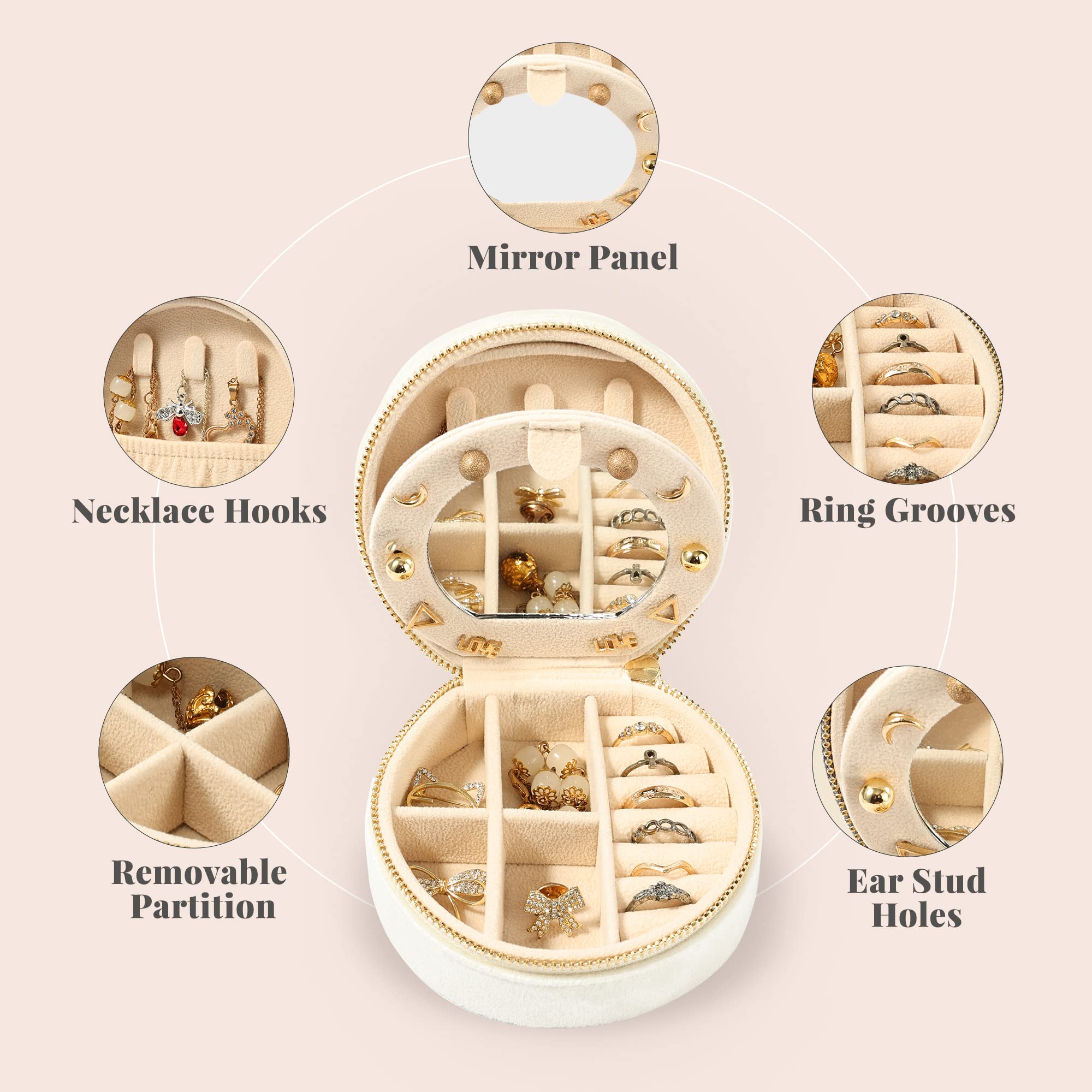 Dajasan Velvet Jewelry Organizer Box - Mini Travel Jewelry Case with Mirror for Earrings, Bracelets, Rings & Necklaces - Portable Jewelry Storage for Women - Perfect for Travel, Home & Gift (Beige)