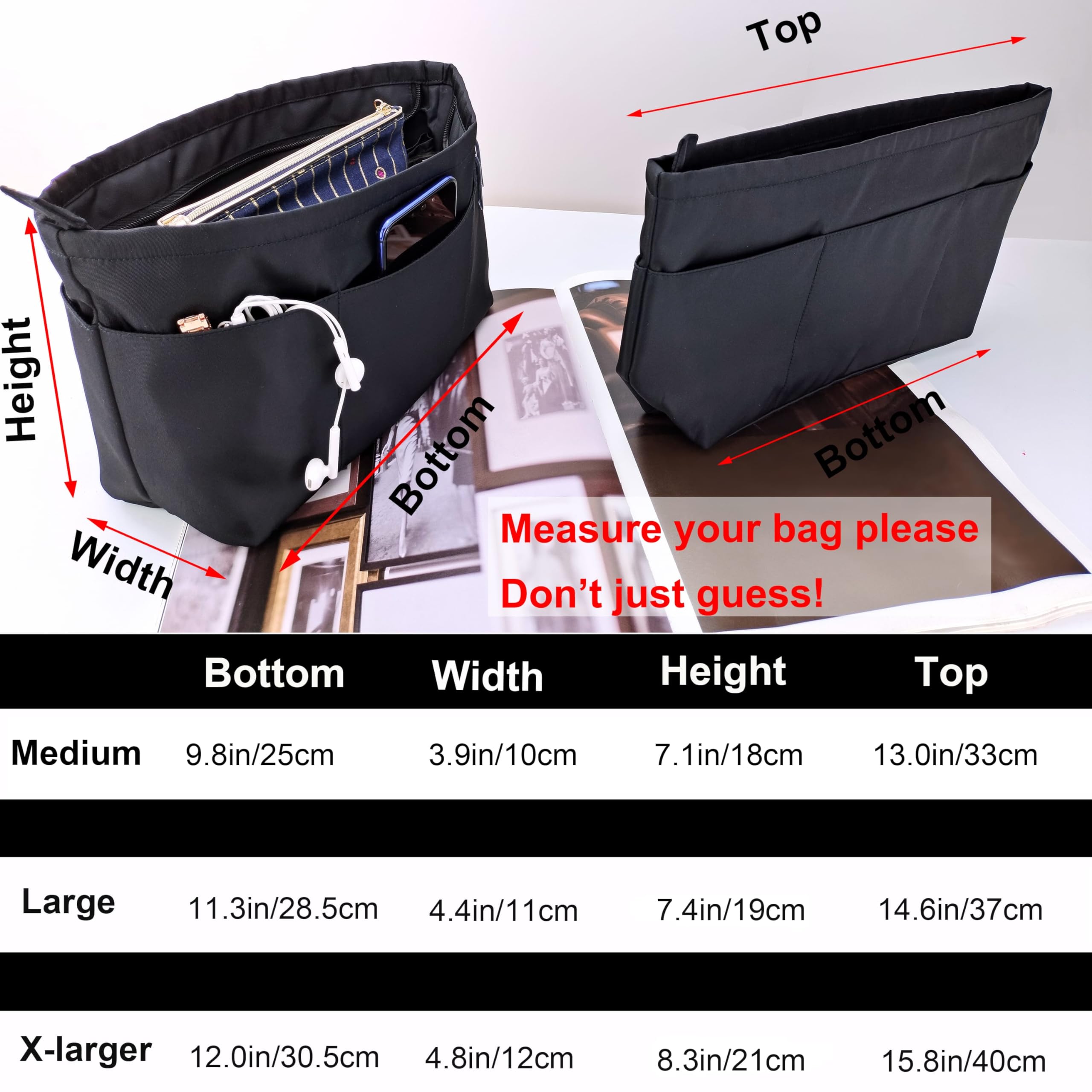 Time Wing Purse Organizer Insert - Tote Handbag Organizer with Multi Pockets & Zippers - Medium Black Bag Shaper Liner for Keys, Wallet & Essentials - Perfect for Work, Travel & Daily Organization