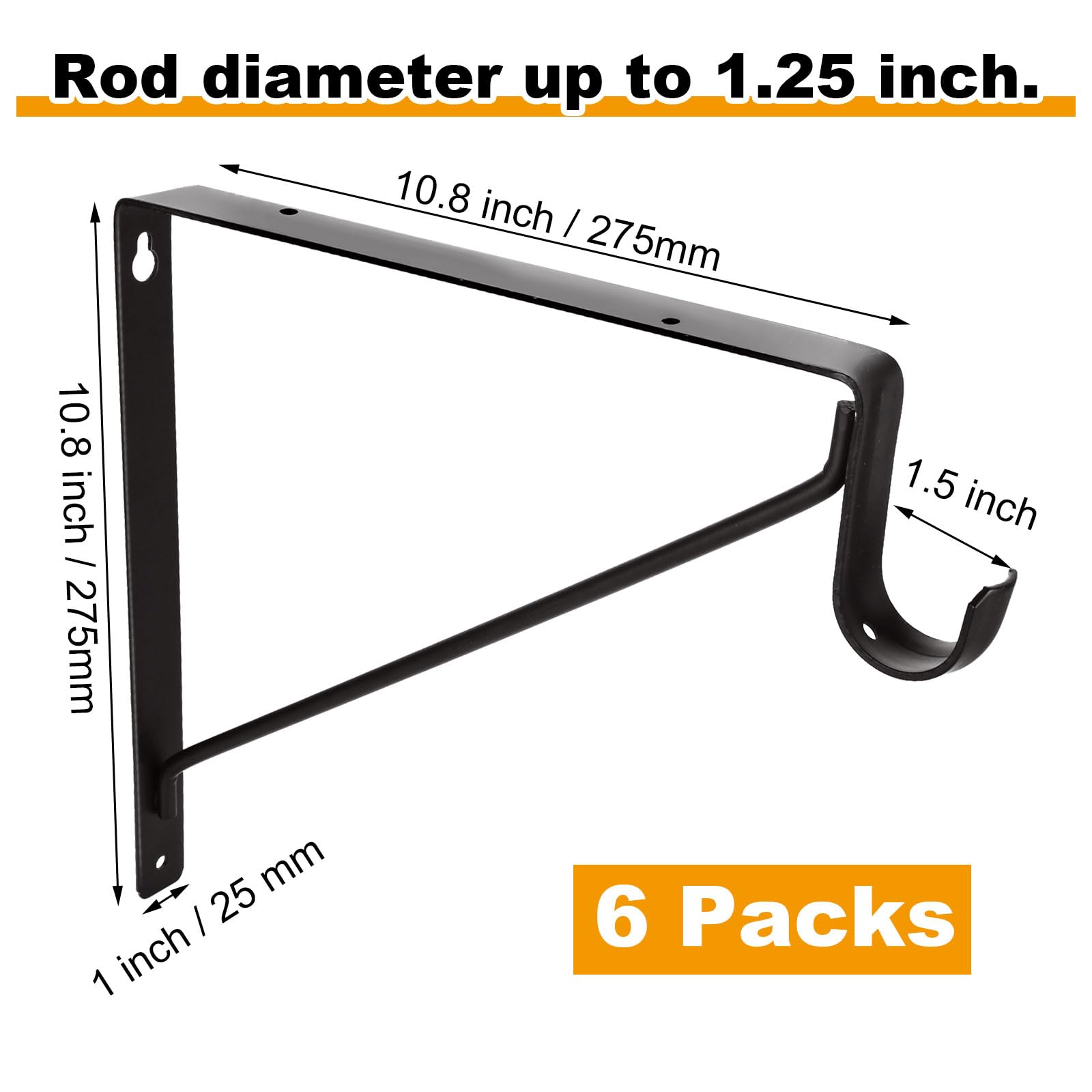 6 Pack Heavy Duty Steel Closet Rod Brackets - 11