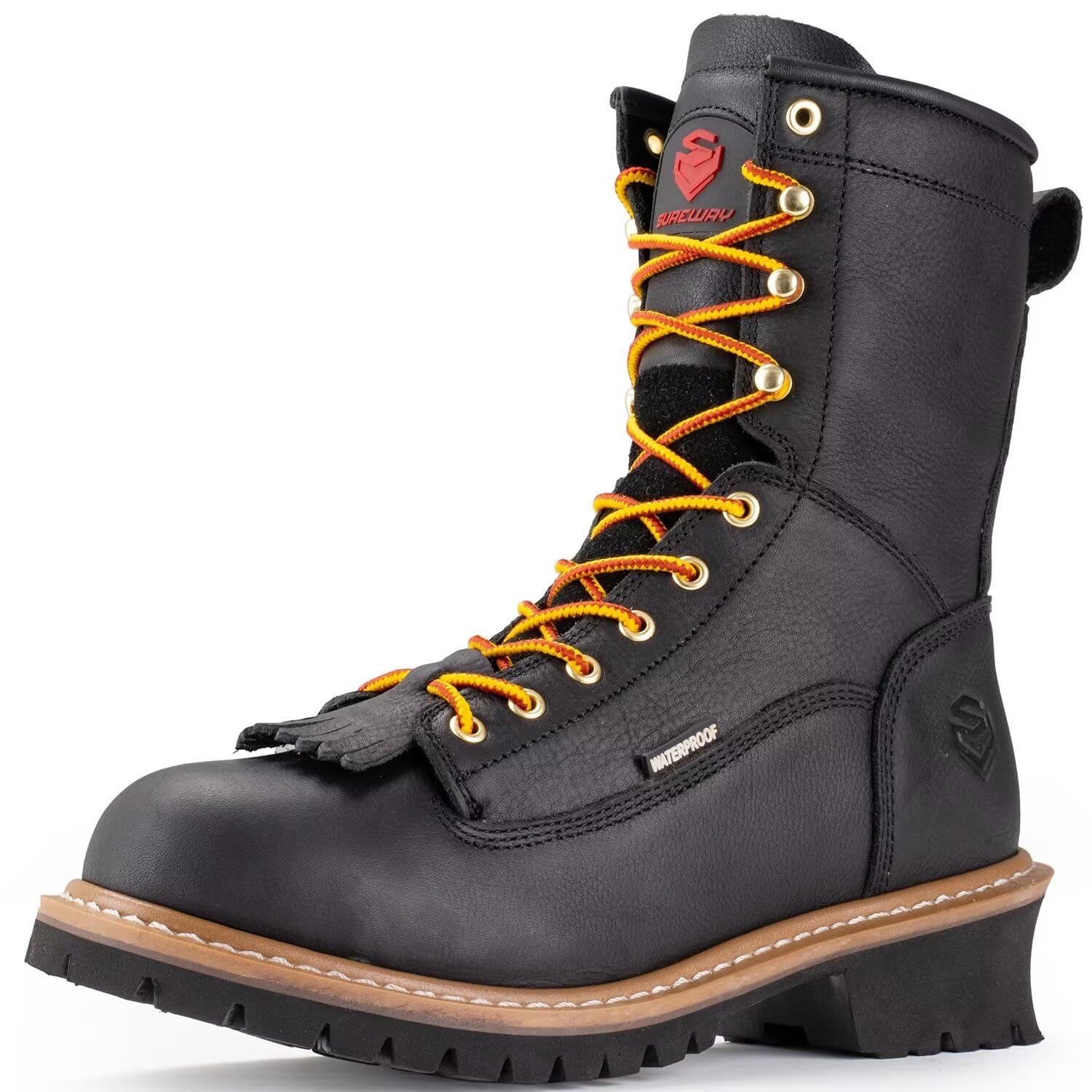 SUREWAY Men's 8-Inch Waterproof Steel Toe Work Boots - Oil & Slip Resistant, Thick Full Grain Leather, Wedge Rubber Sole, EH Rated - Ideal for Construction, Logging & Outdoor Work