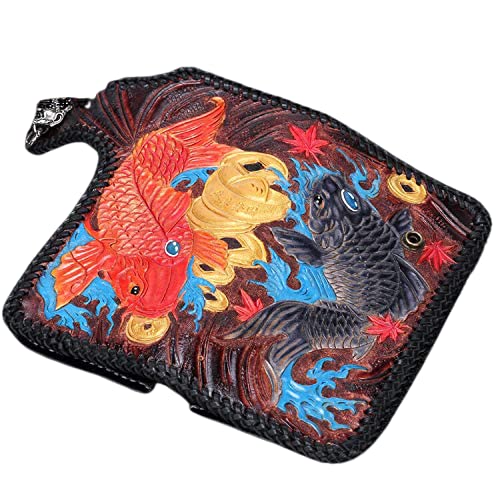 Handmade 3D Genuine Leather Biker Wallet for Men - Custom Engraved & Hand-Painted Long Wallet with Koi Fish Design - Perfect for Motorcycle Riders, Gift Giving & Everyday Use