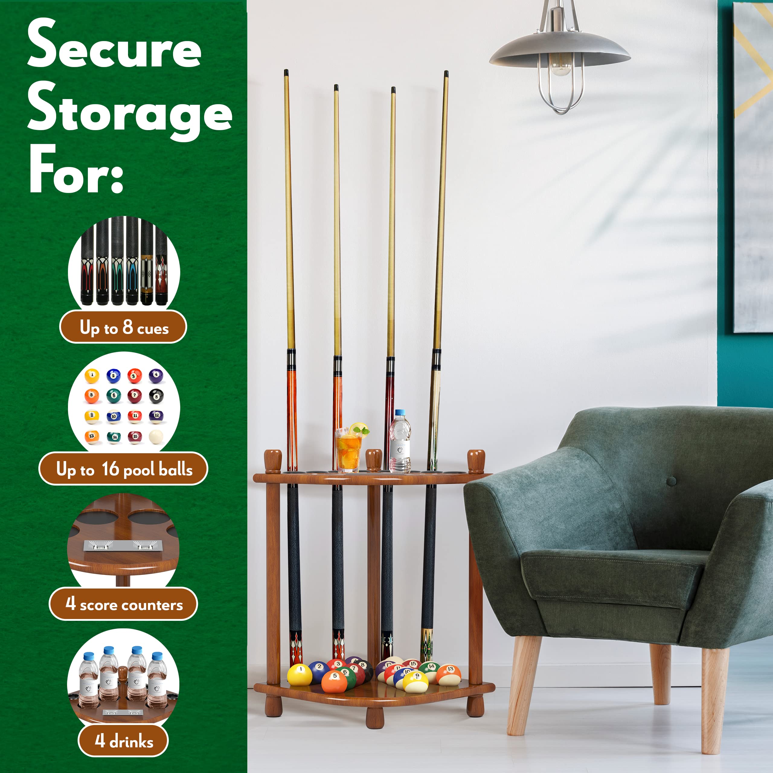 ISZY Billiards Pool Stick Holder - 8 Cue Rack with Ball Storage & 4 Score Counters - Solid Mahogany Wood Stand for Home Game Rooms, Bars, and Pool Halls