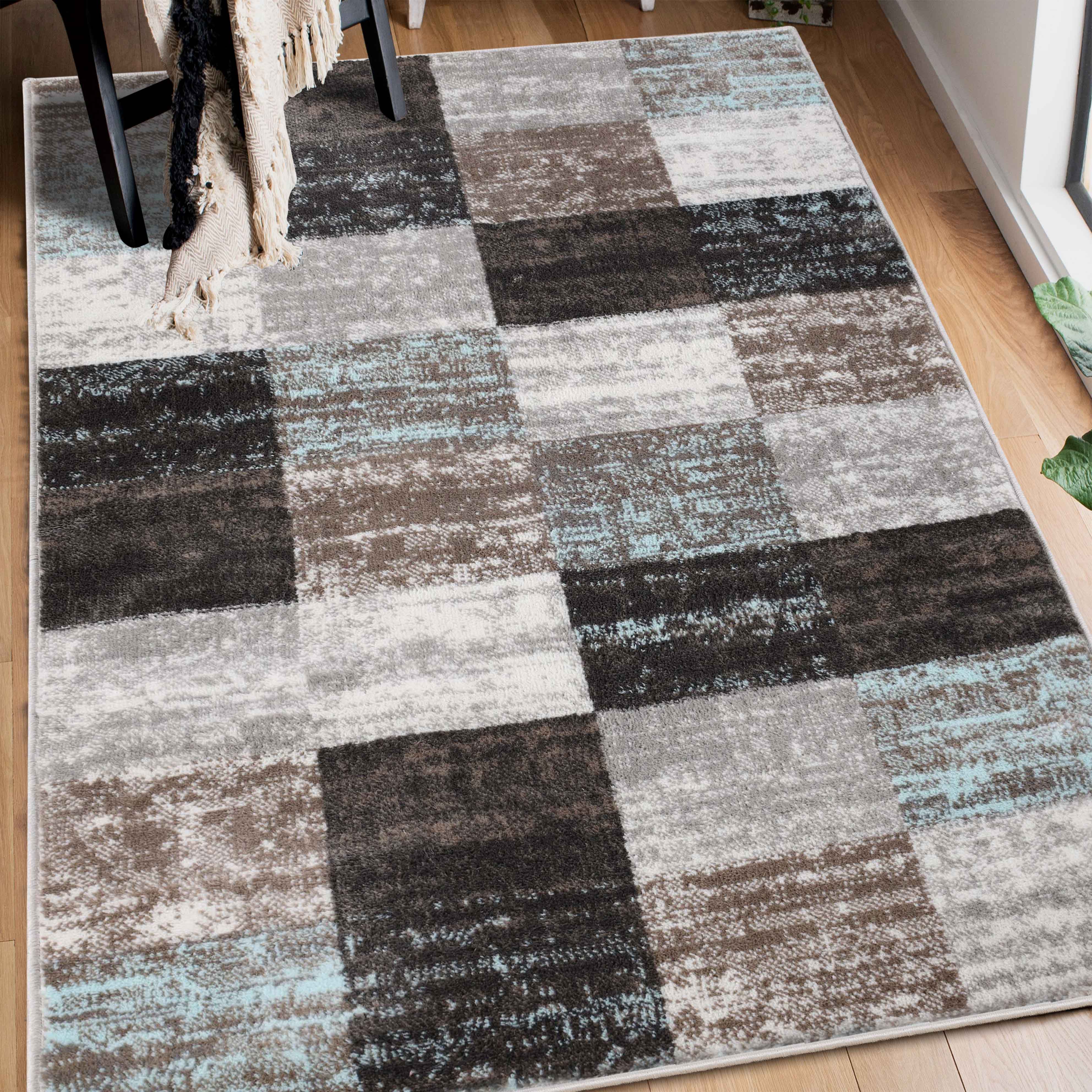 Stylish Rockway Geometric Checkered Block Indoor Area Rug - Non-Slip Floor Mat for Living Room, Bedroom, Office Decor - Perfect for Home, Apartment & Dorm Room