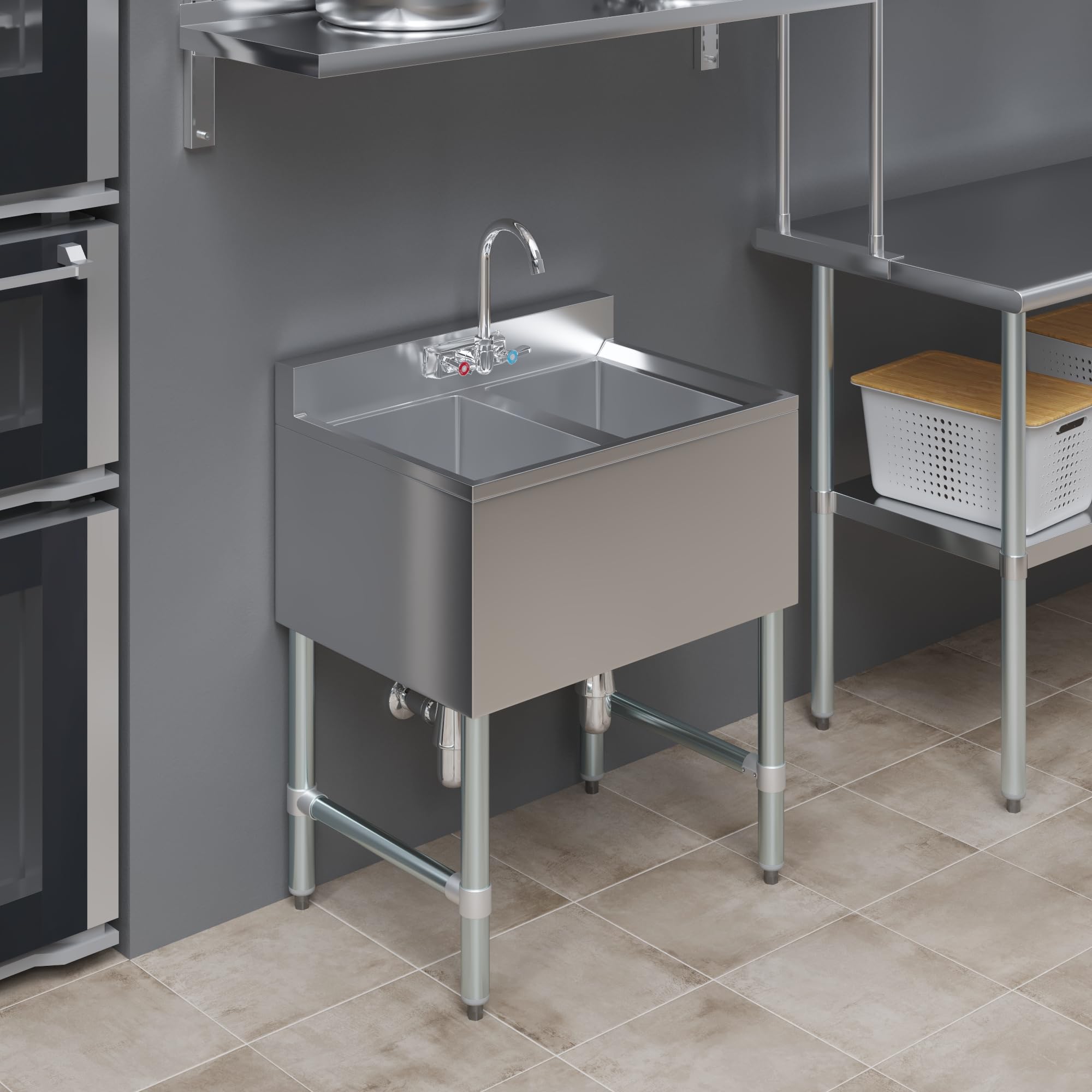 AmGood 2 Compartment Commercial Under Bar Sink with Faucet - 26
