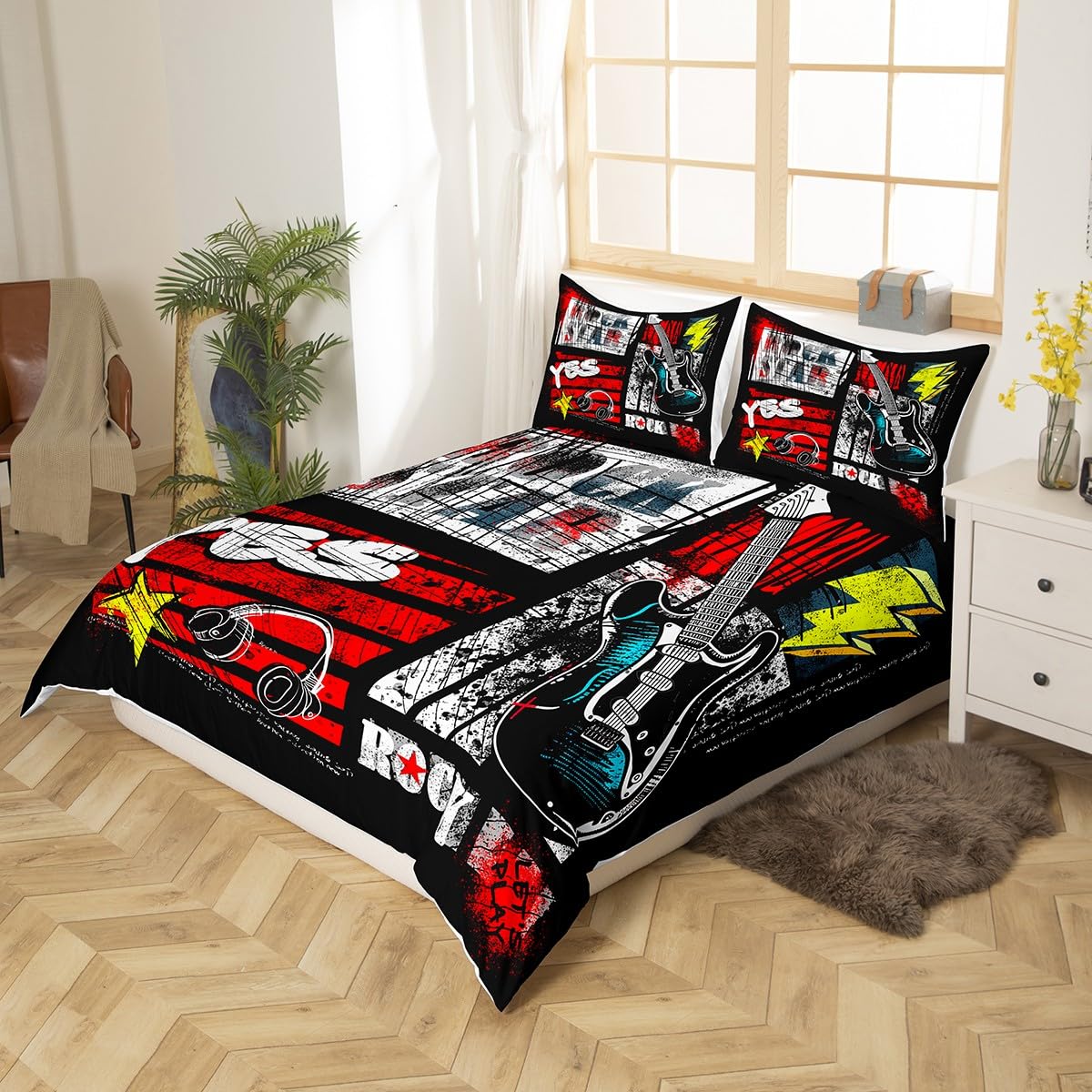 Manfei Rock Roll Duvet Cover Set Twin Size - Music Theme Guitar Headset Bedding for Kids Boys Teens - Graffiti Style Comforter Cover with Pillowcase (No Filler) - Perfect for Rock Music Lovers' Bedroom Decor & Teen Boy's Themed Room