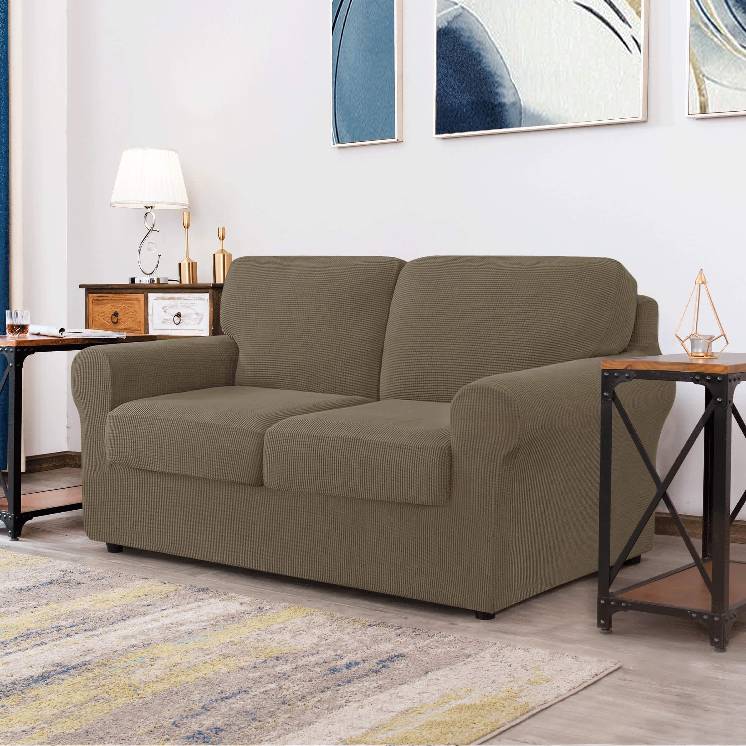 CHUN YI Loveseat Sofa Cover Set - Stretchable Jacquard Fabric Couch Slipcover with Detachable Backrest & Seat Cushions (Sand Checkered) - Perfect for Living Room, Bedroom, and Home Decor Protection