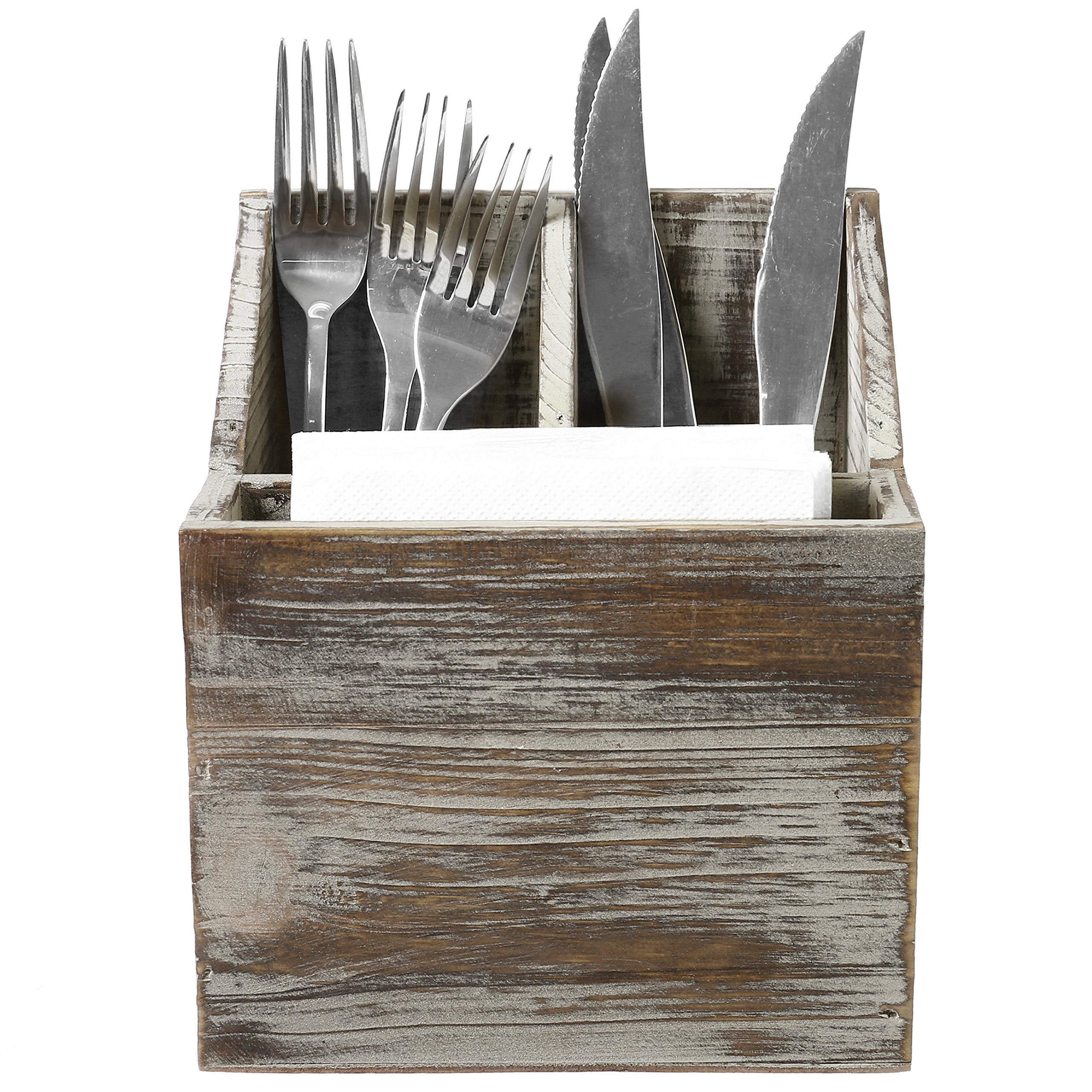 MyGift 3-Compartment Rustic Torched Wood 2-in-1 Flatware and Napkin Holder - Wooden Kitchen Utensil Caddy for Silverware, Cutlery & Paper Napkins - Perfect for Dining Table, Kitchen Countertop & Buffet Organization