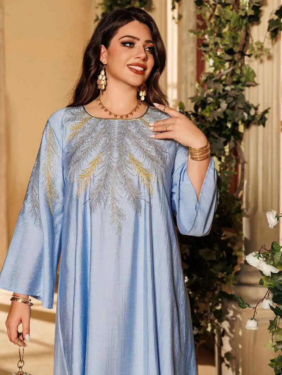 Elegant Eid Embroidered Hotfix Rhinestone Caftan Kaftan Dress for Women - Perfect for Holiday Parties, Weddings & Special Occasions