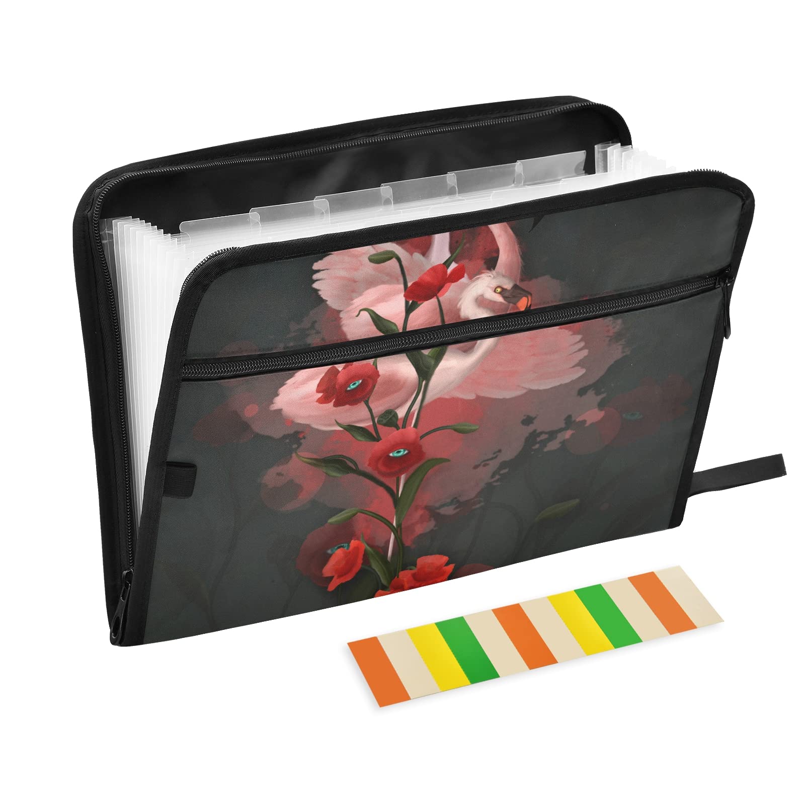 UMIRIKO Flamingo Flowers 13 Pocket Expanding File Folder with Sticky Labels - A4 Letter Size Accordion Document Organizer with Zipper Closure - Perfect for Office, School & Home Organization (Floral Design)