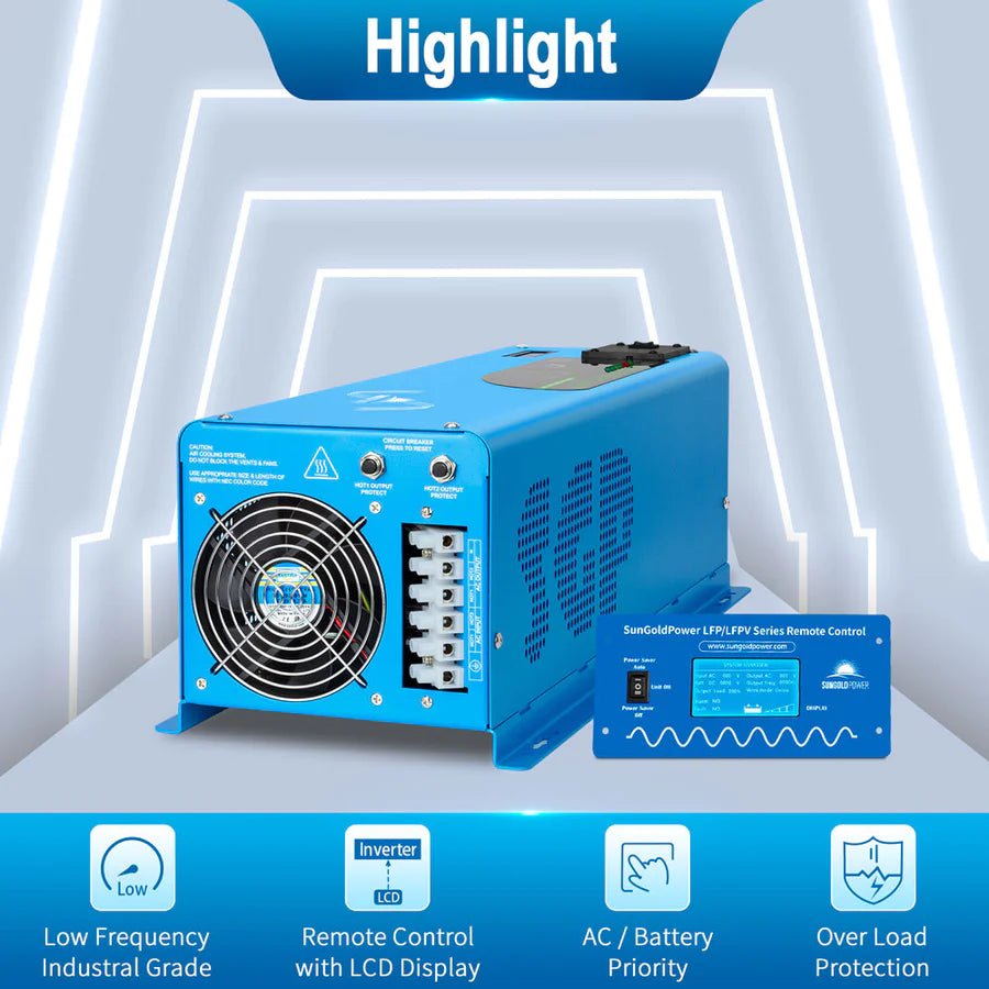 SunGoldPower 4000W 12V Pure Sine Wave Inverter with Charger - Split Phase Power Converter for RVs, Boats, Off-Grid Solar Systems & Emergency Backup Power