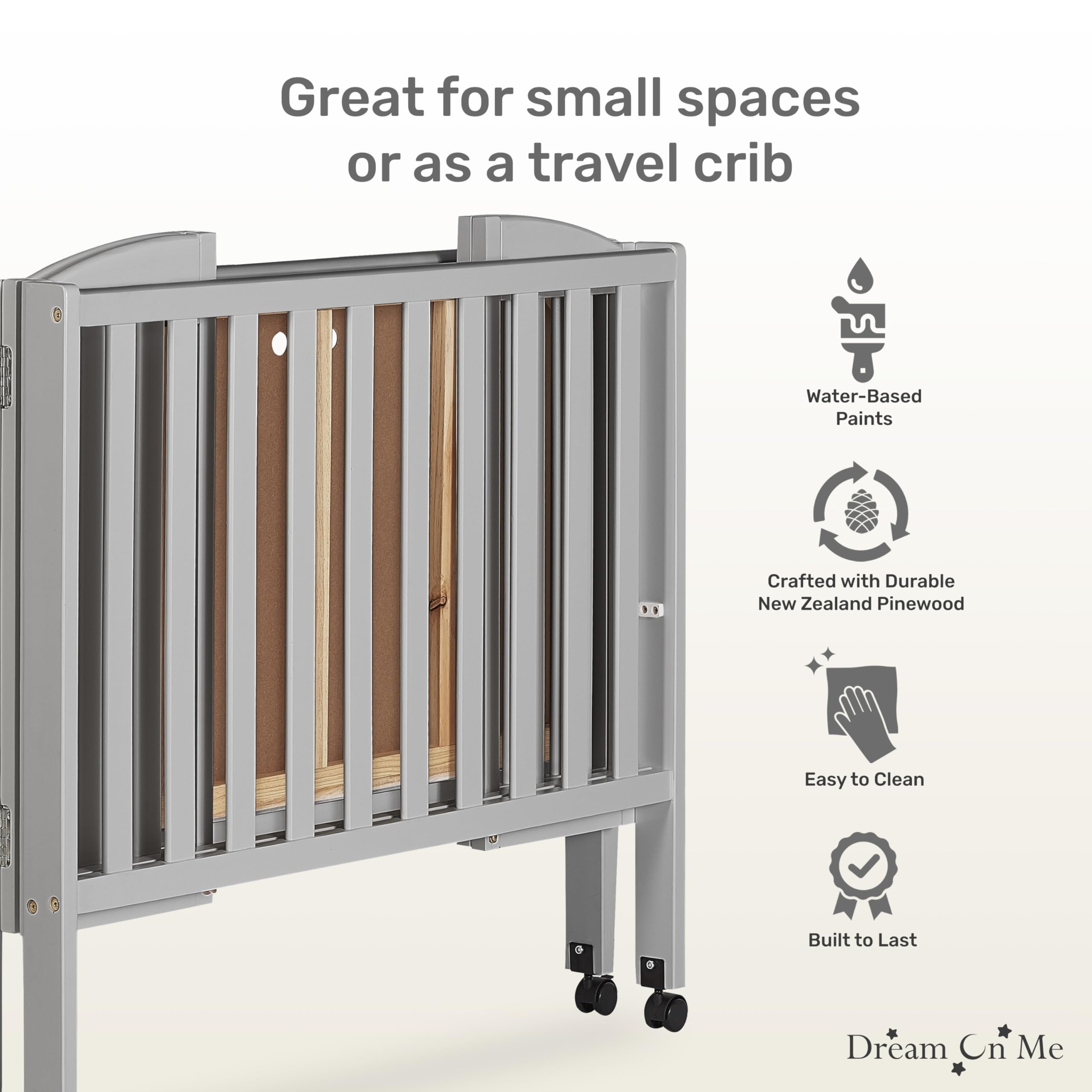 Dream On Me 2-in-1 Folding Portable Baby Crib - Cool Grey | GREENGUARD Gold Certified | Compact 40