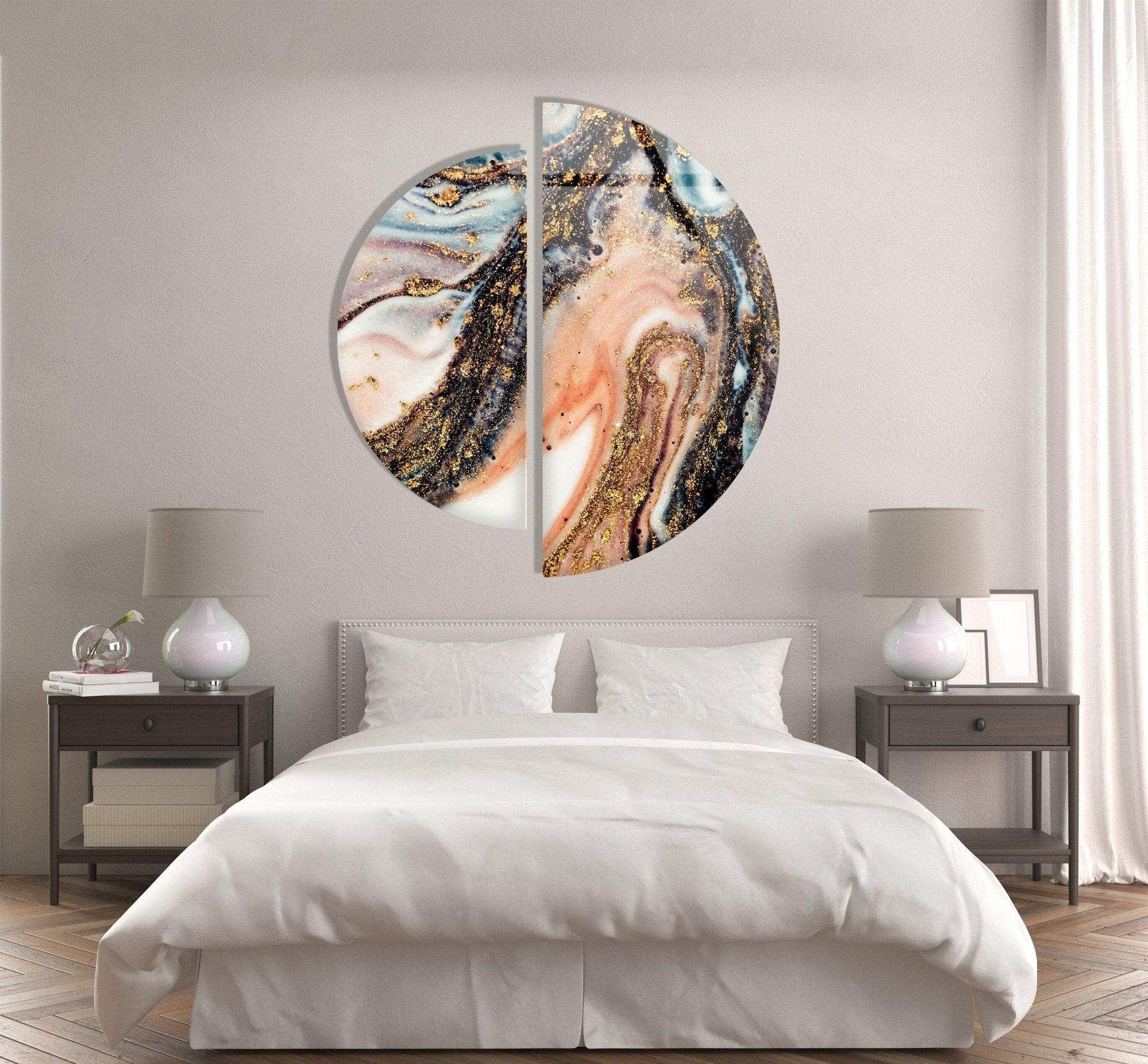 2 Piece Golden Fractal Glass Wall Art Set - Modern Abstract Geometric Decor for Living Room, Bedroom & Office - Handmade 3D Glass Panel Artwork for Home & Wall Decor
