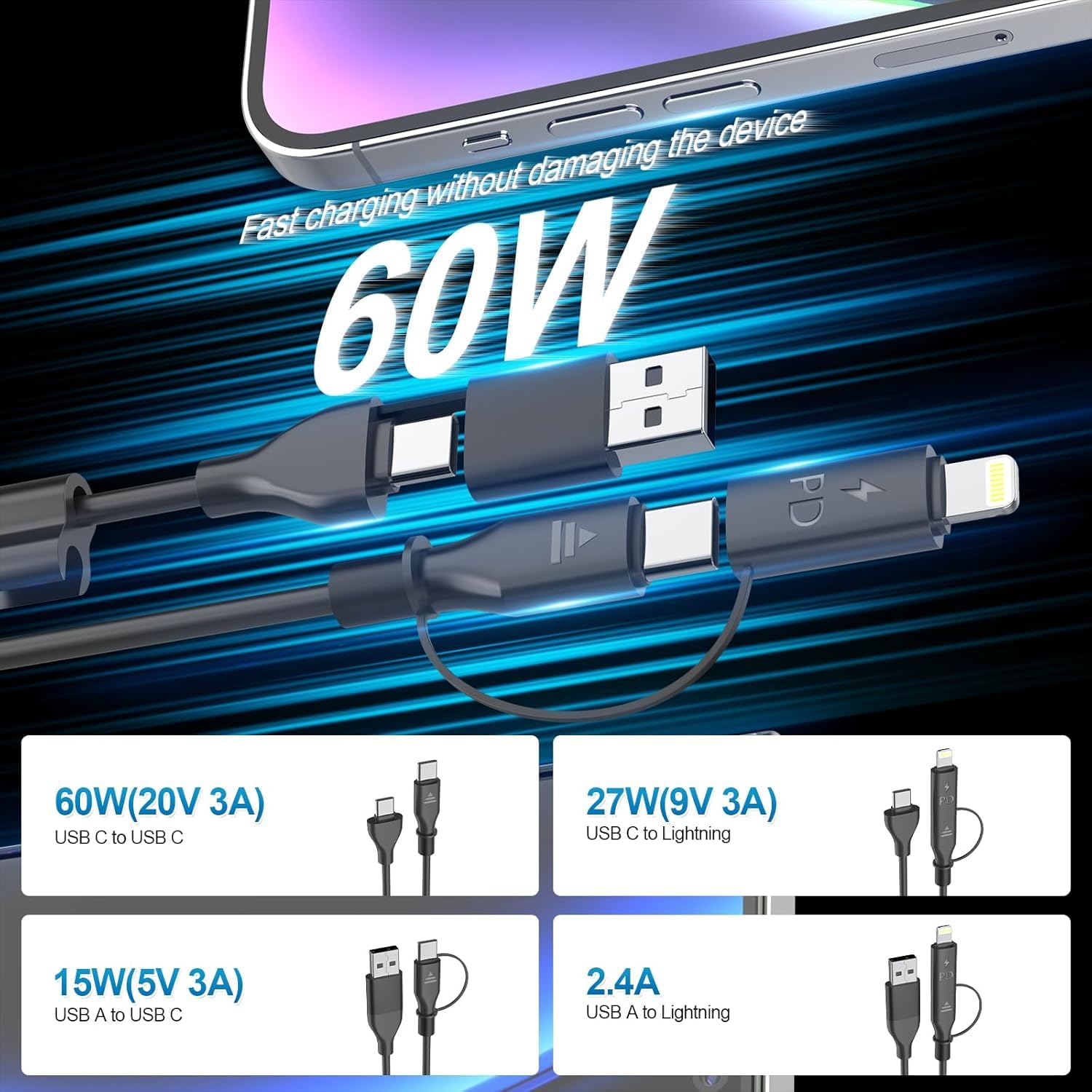 60W USB C to Lightning Fast Charging Cable for iPhone 16/15/14/13 - 4-in-1 Coiled CarPlay Cable with Apple CarPlay & Android Auto Support - 2 Pack 4FT Durable Charger for Car, Home & Travel