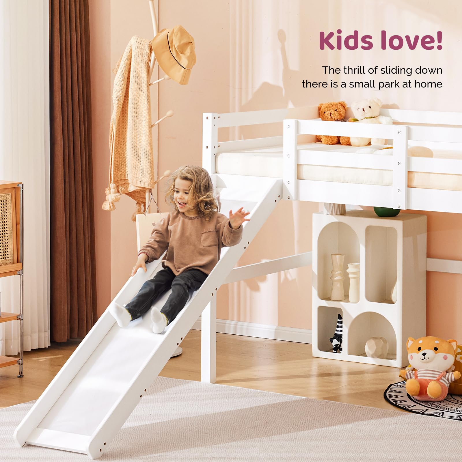 VINGLI Twin Loft Bed with Slide - Space Saving Kids Low Loft Bed with Guardrail & Ladder - Sturdy Pine Wood Bed Frame for Boys & Girls (White) - Perfect for Small Bedrooms & Playrooms