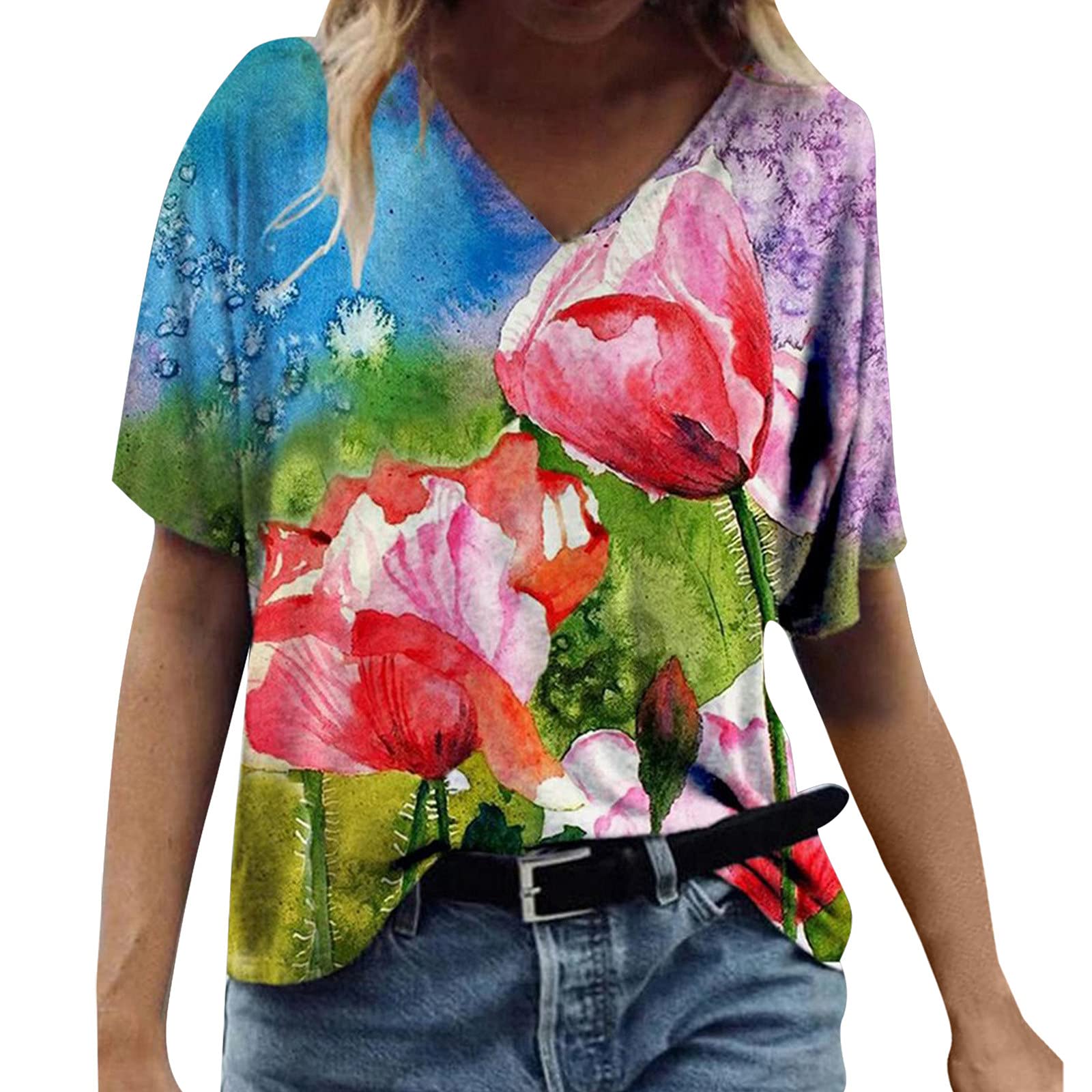 FMCHICO Women's Summer Short Sleeve Tunic Tops - V Neck Floral Printed Casual Tee Shirt, Comfortable Blouse for Outdoor, Travel & Daily Wear