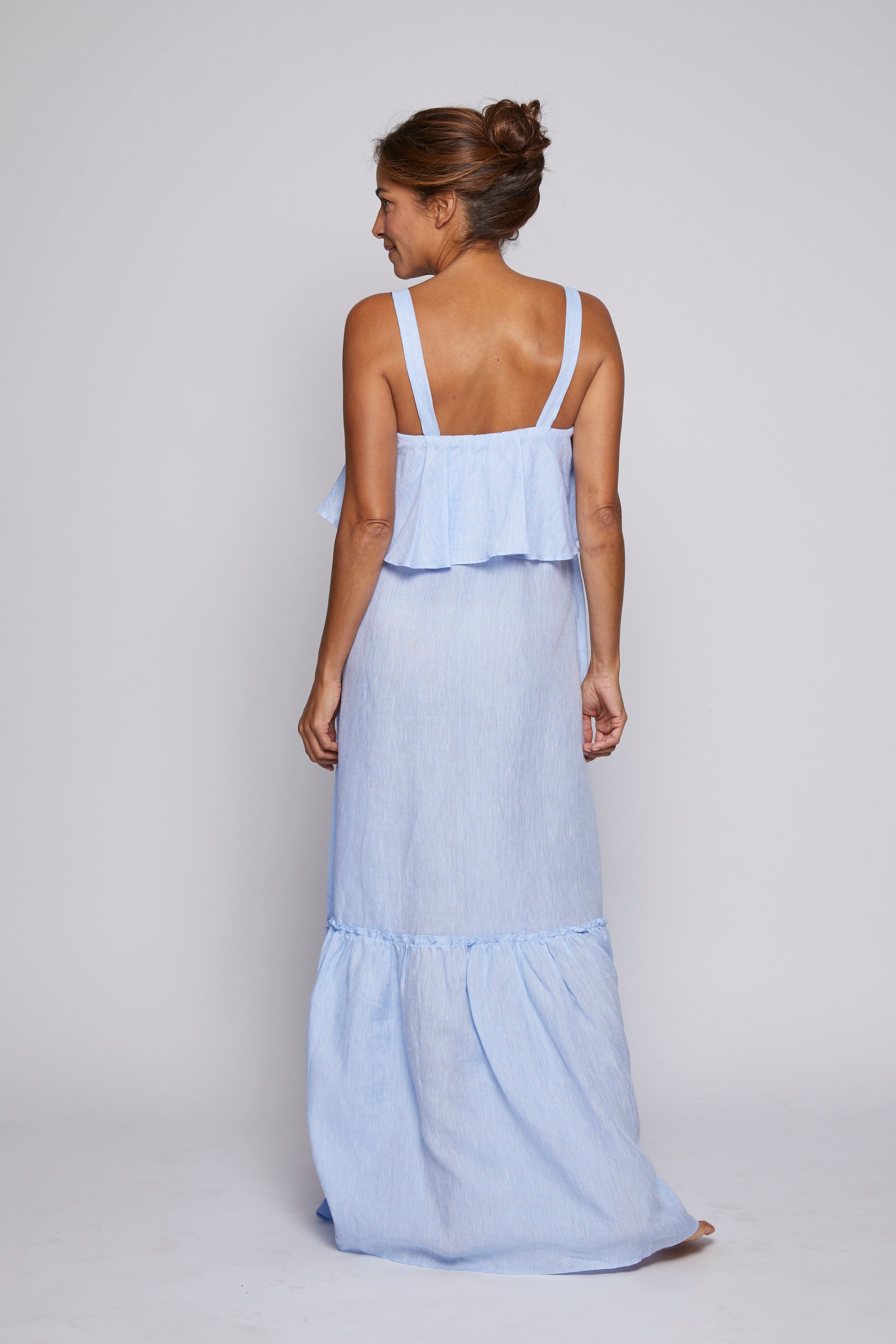 Double Ruffle Linen Dress for Women - Light Blue Summer Dress | Casual Boho Beach Dress, Maternity-Friendly Loose Fit Dress for Vacation, Date Night & Outdoor Events