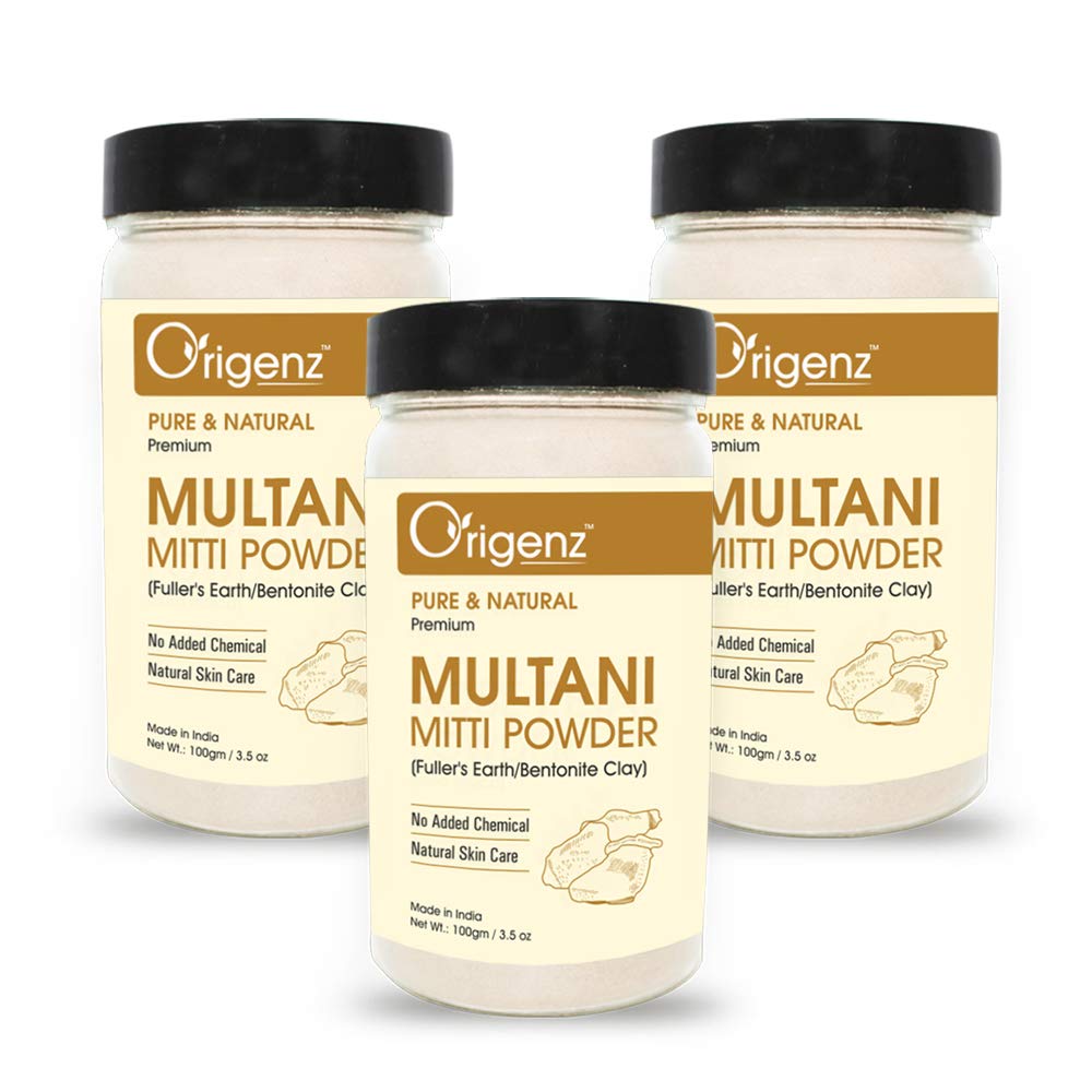 Origenz Multani Mitti Powder 300gm - Natural Fuller's Earth Clay for Face Pack, Hair Mask & Skin Care | Calcium Bentonite Clay for Acne Treatment & Deep Cleansing | Suitable for All Skin Types (Men & Women) | Perfect for DIY Beauty Treatments, Spa Days & Home Skincare Routines | Comes in 3x100gm Jars